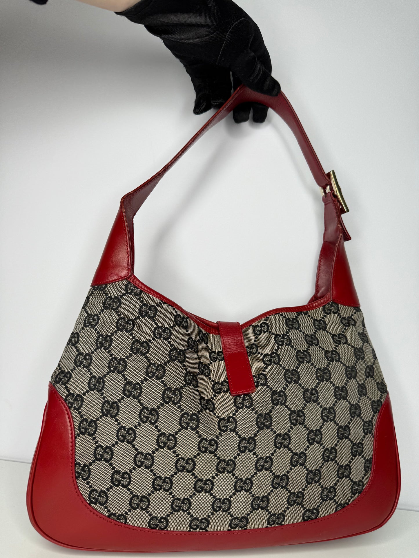 Gucci GG Canvas and Red Leather Jackie O Web Monogram Hobo Bag