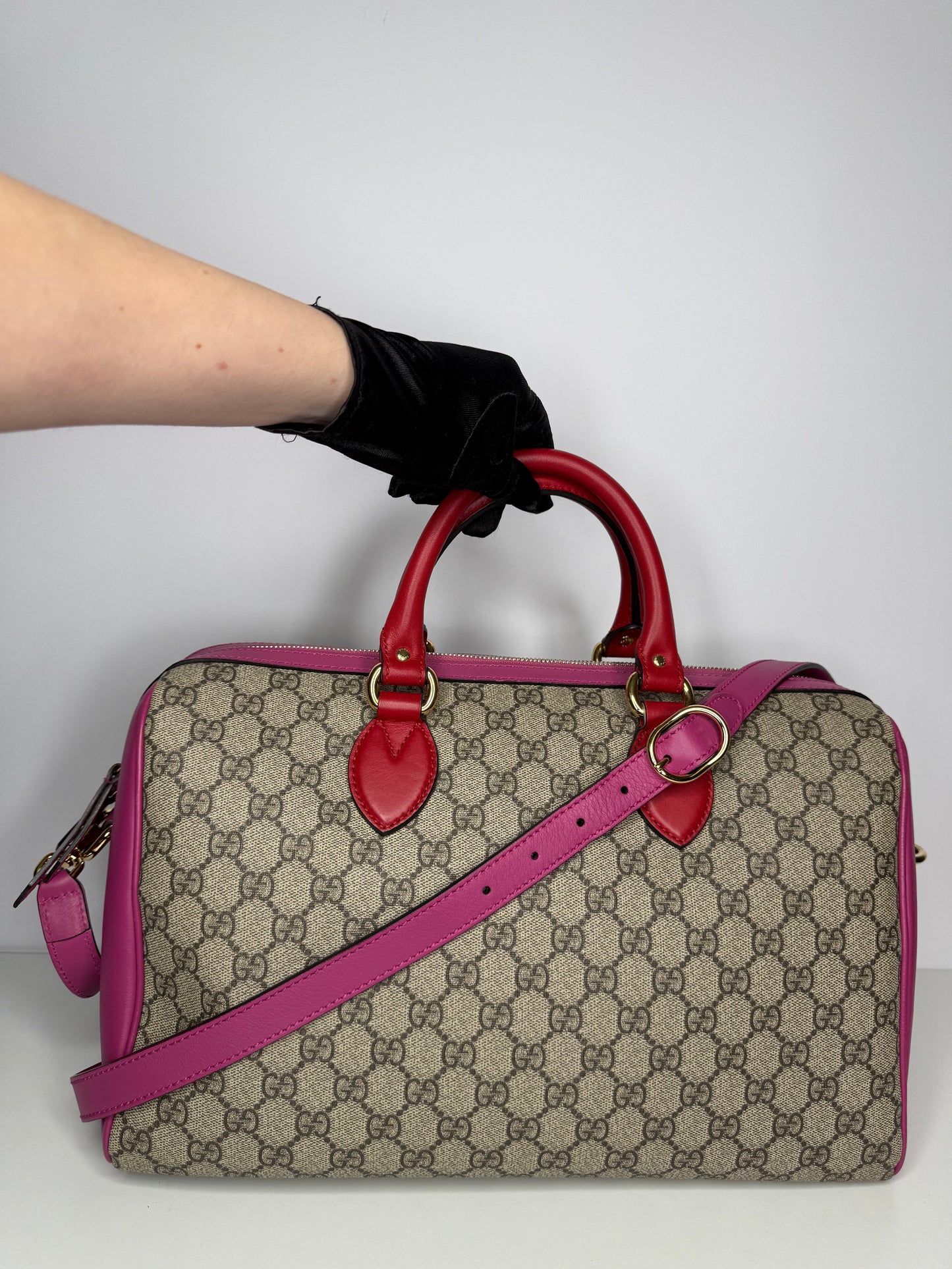 Gucci Red/Pink GG Supreme Coated Canvas Pink Top Handle Medium Boston Bag