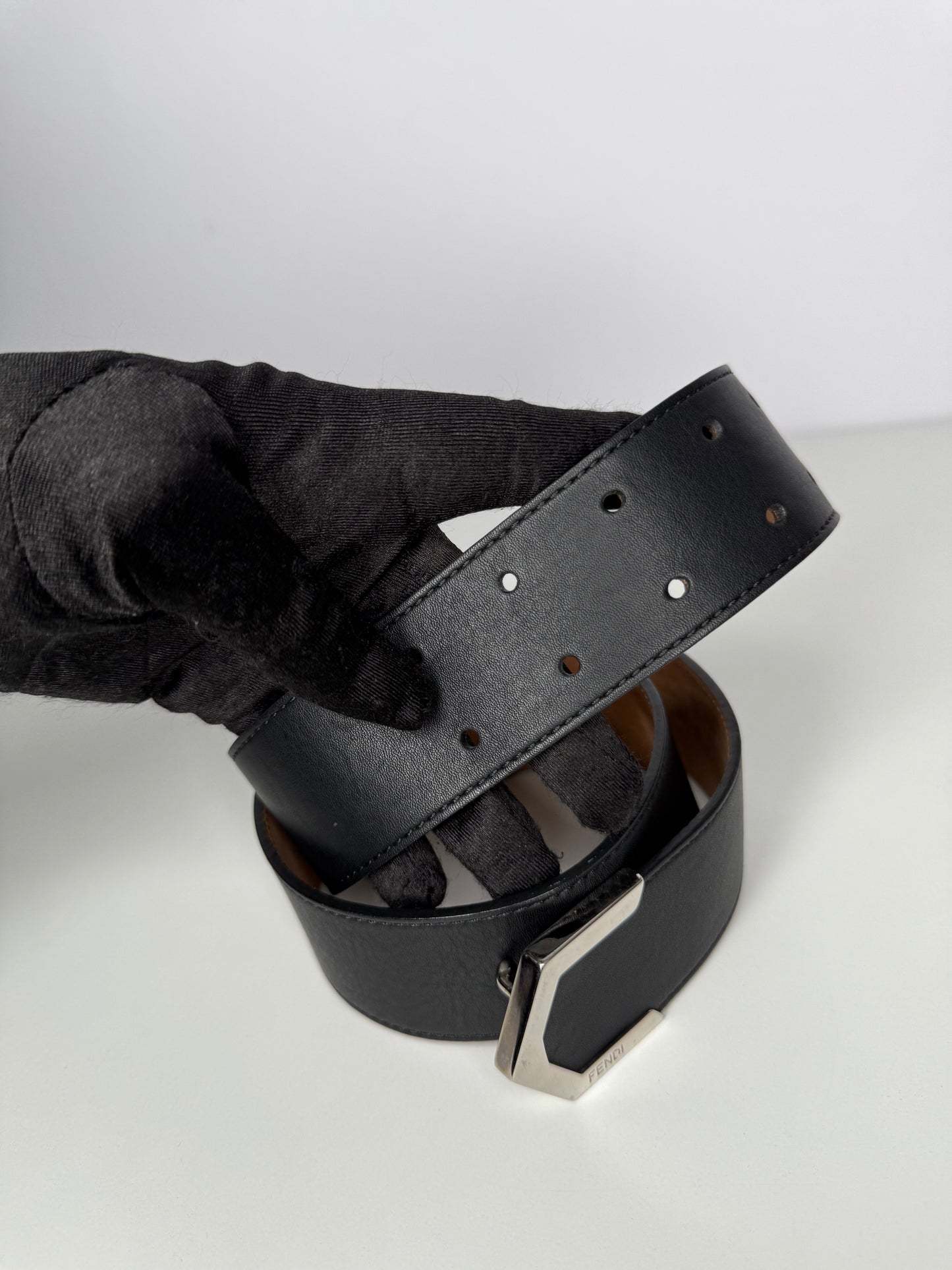 Fendi Wide Black Leather Belt With Silvertone Detail