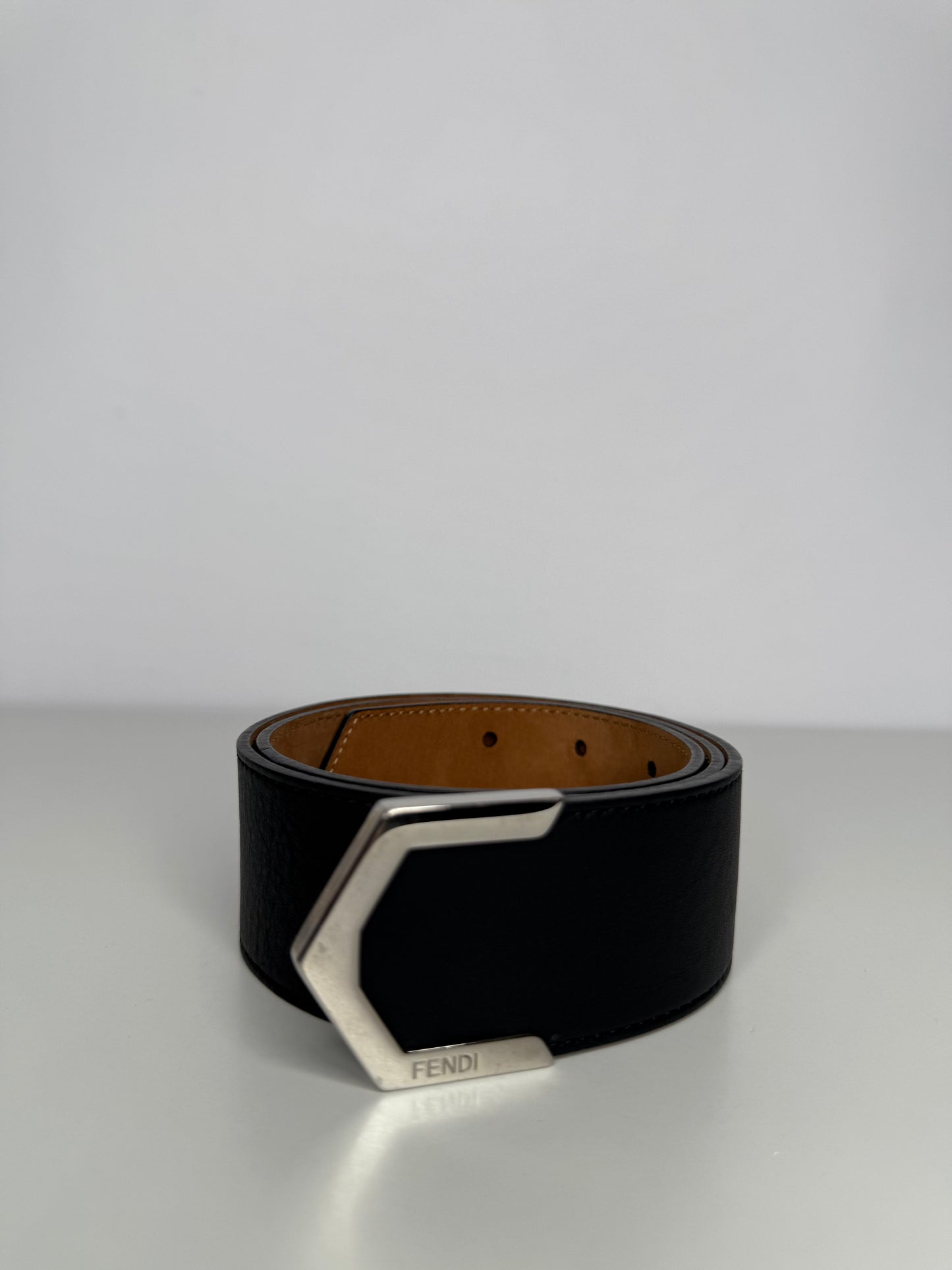 Fendi Wide Black Leather Belt With Silvertone Detail