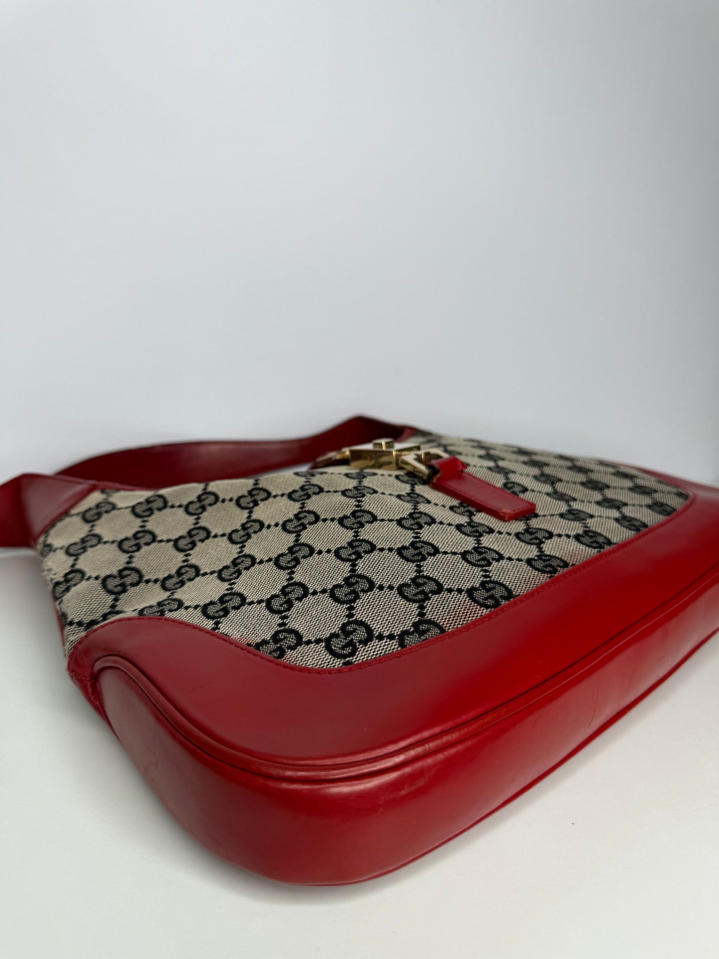 Gucci GG Canvas and Red Leather Jackie O Web Monogram Hobo Bag