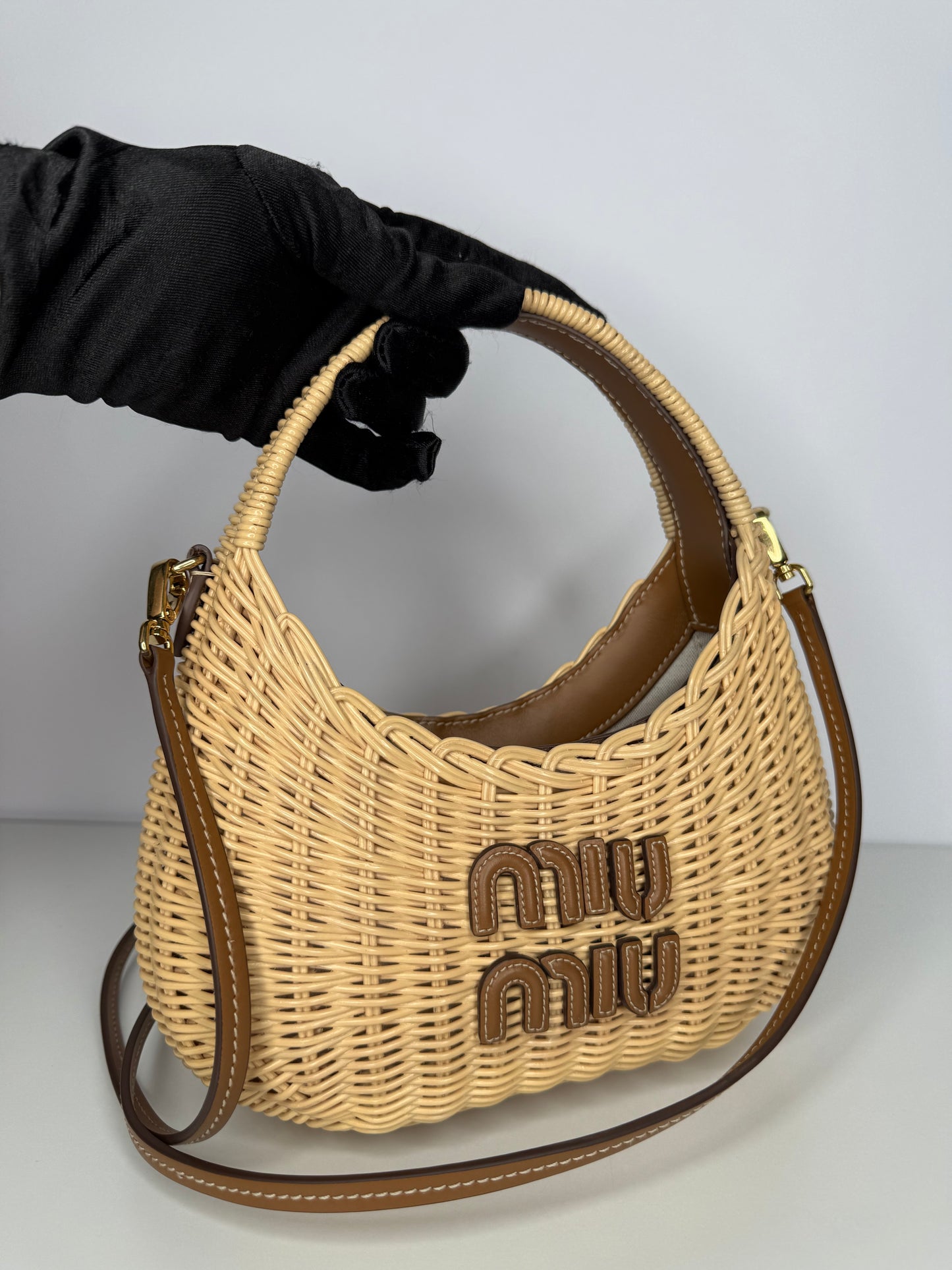 Miu Miu Wander Wicker Hobo Bag Tan/Caramel