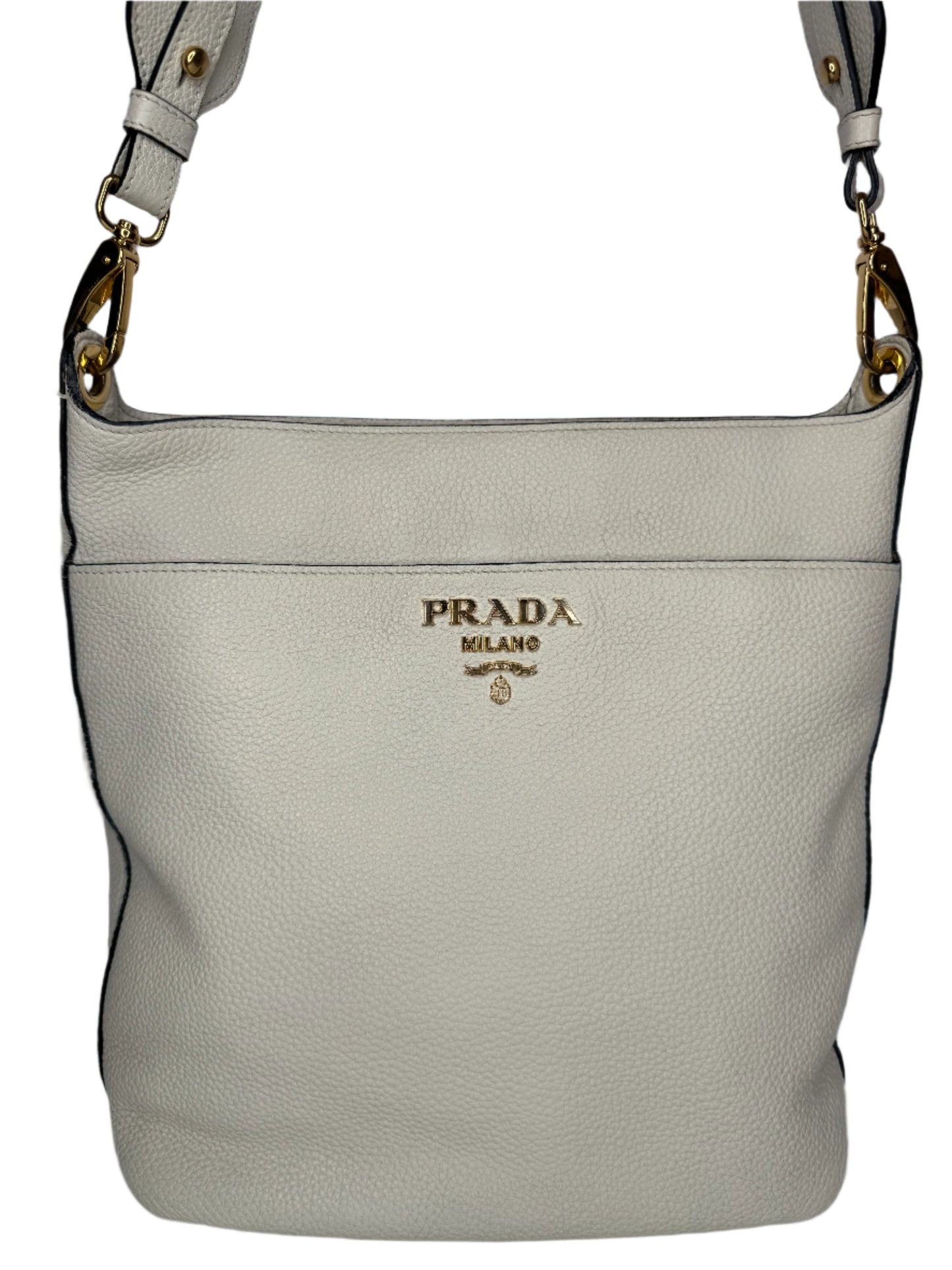 Prada Off White Vitello Daino Leather Zip Messenger Bag