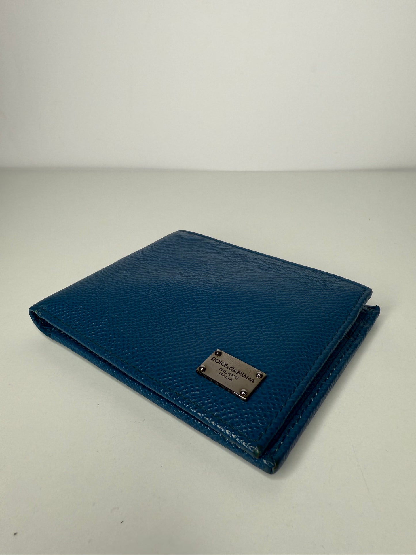 Dolce Gabbana Blue Leather Logo Bifold Compact Wallet