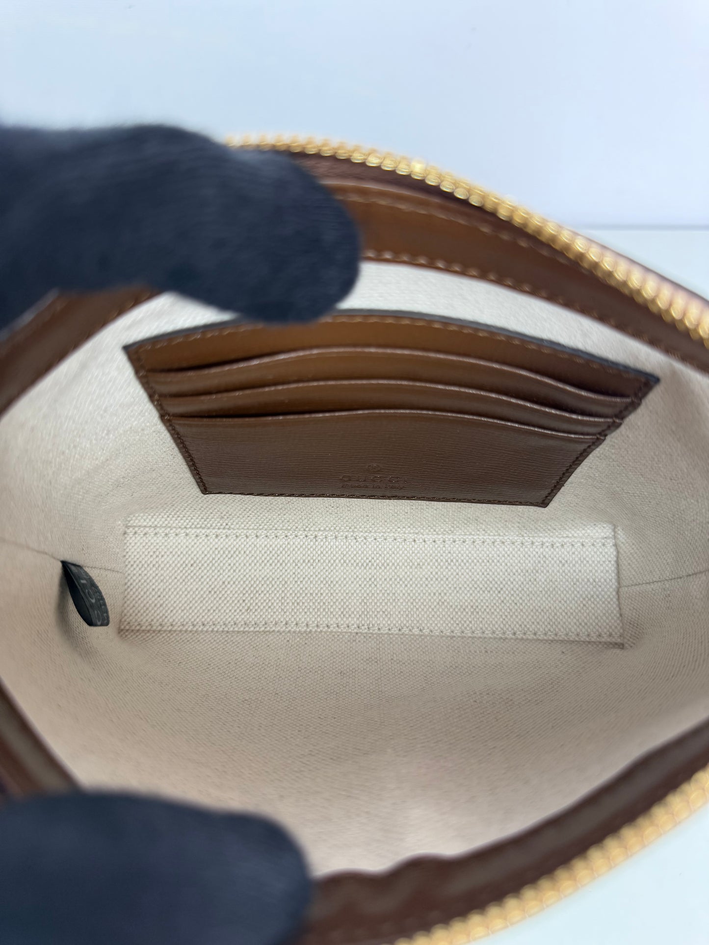 Gucci GG Coated Canvas Interlocking G Patch Wristlet Mini Messenger Bag