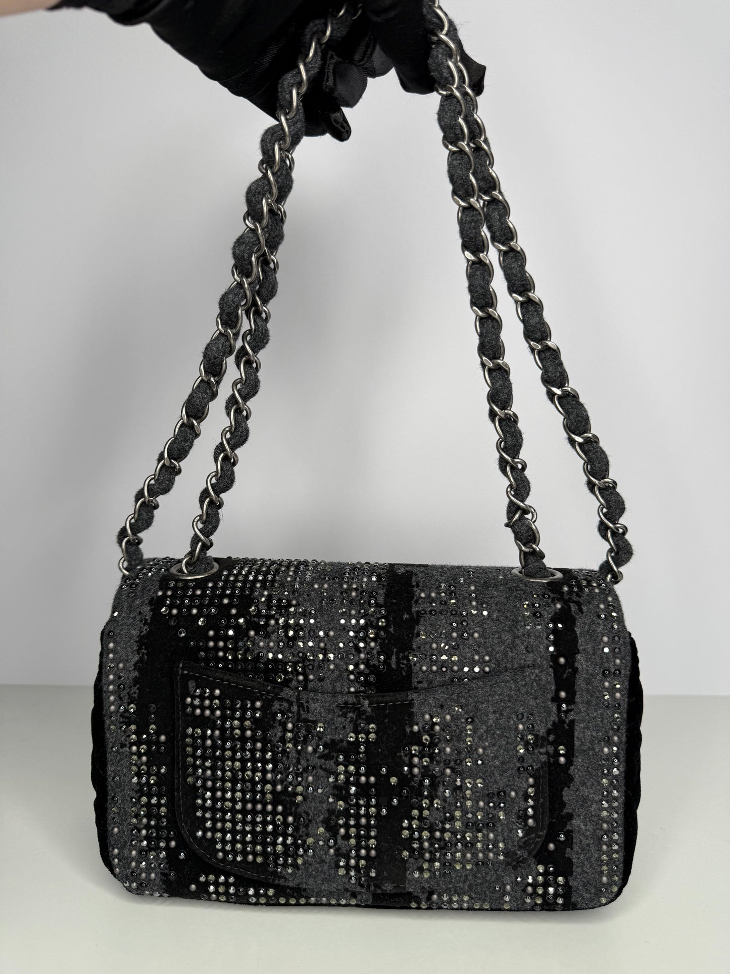 Chanel Black/Grey Felt/Velvet and Strass Mini Flap Ruthenium Hardware