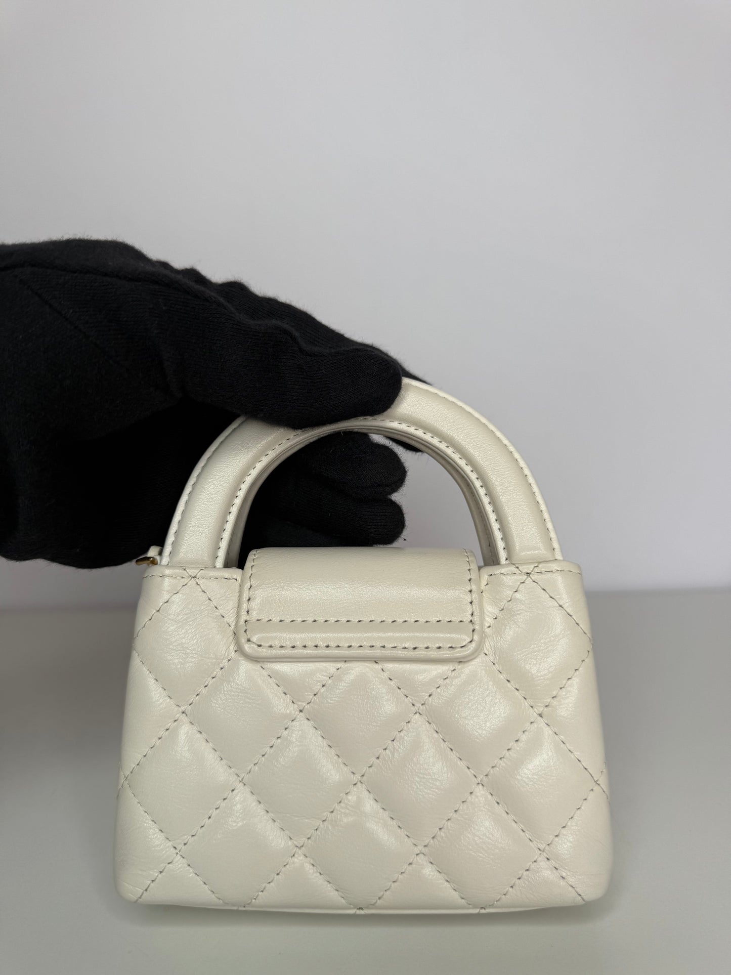 Chanel Micro Kelly White Shiny Aged Calfskin Brushed Gold Hardware