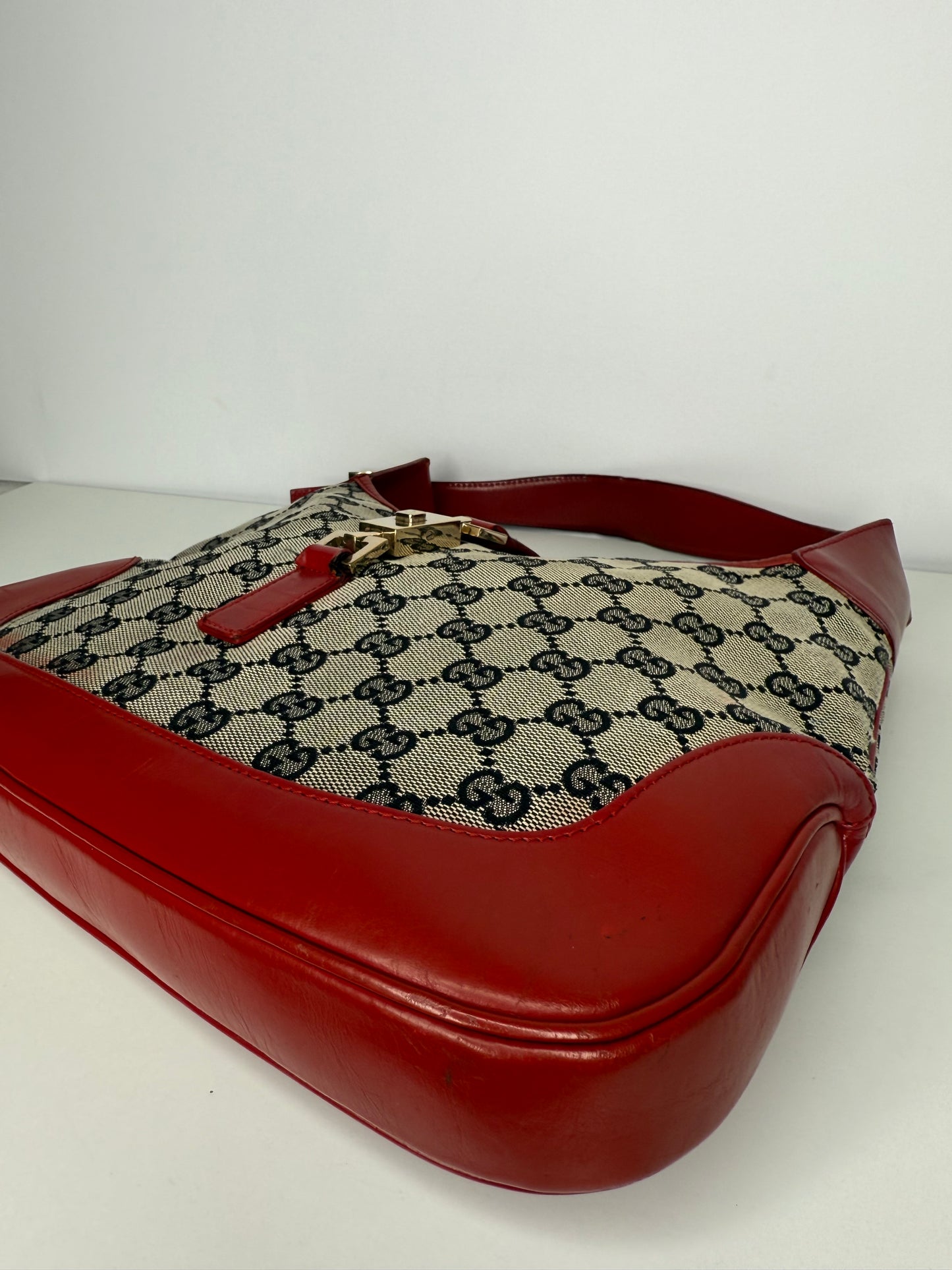 Gucci GG Canvas and Red Leather Jackie O Web Monogram Hobo Bag