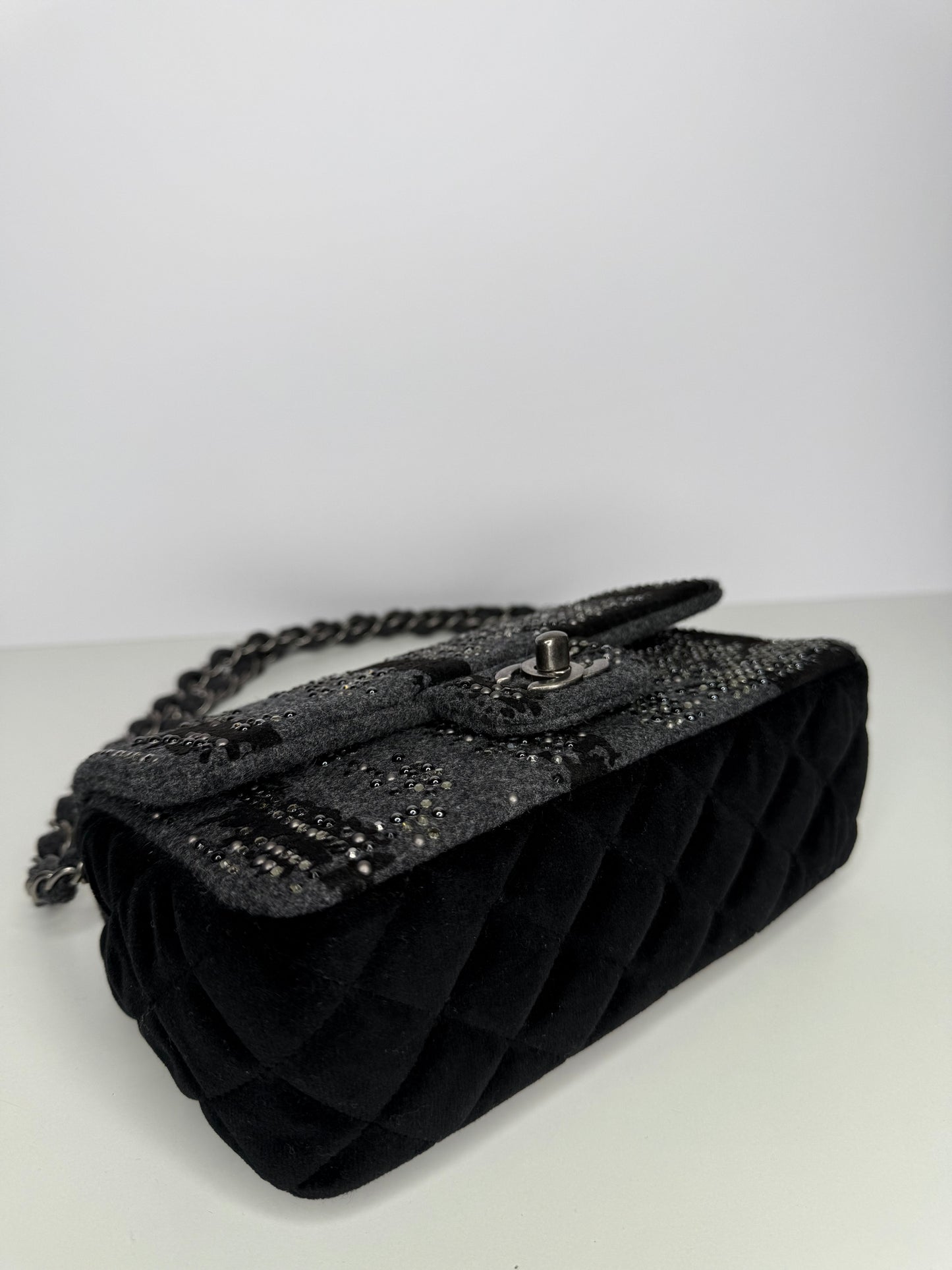 Chanel Black/Grey Felt/Velvet and Strass Mini Flap Ruthenium Hardware