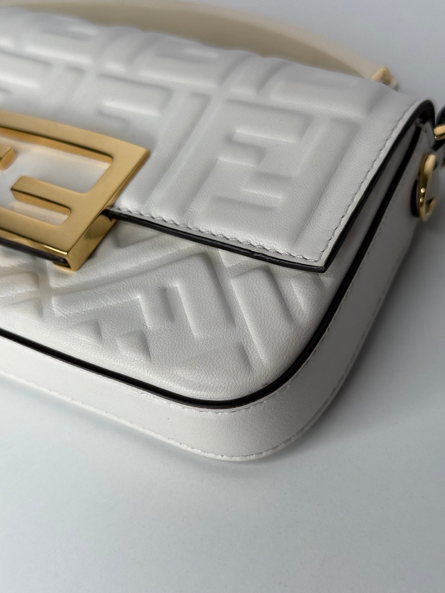 Fendi Nappa FF 1974 Embossed Mini Baguette White