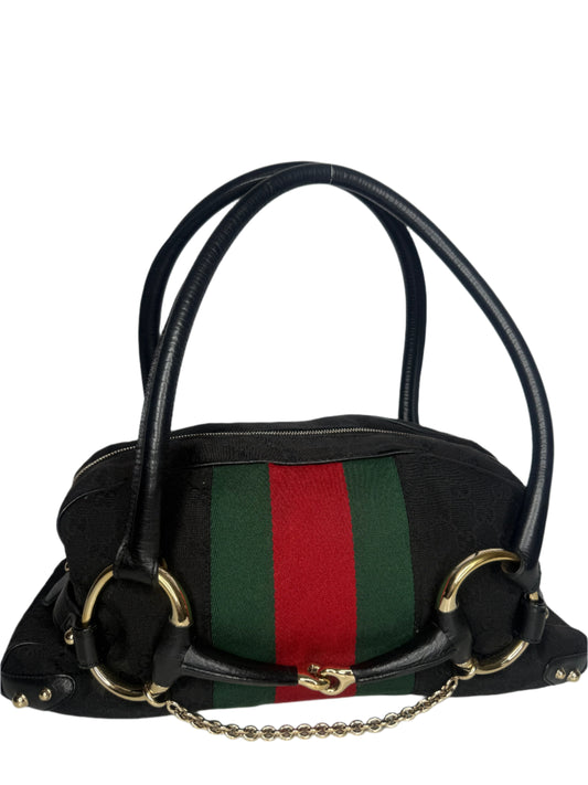 Gucci Black GG Canvas and Leather Web Horsebit Satchel