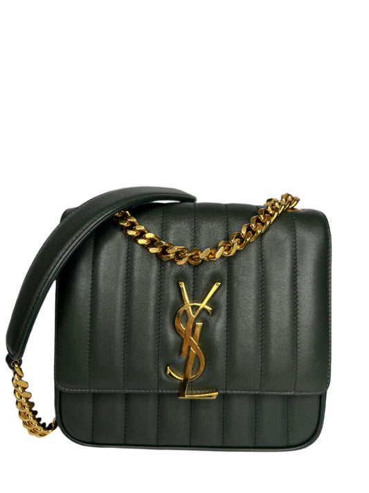 Saint Laurent Vicky Medium Crossbody Bag in Dark Green Vertical Quilted Leather