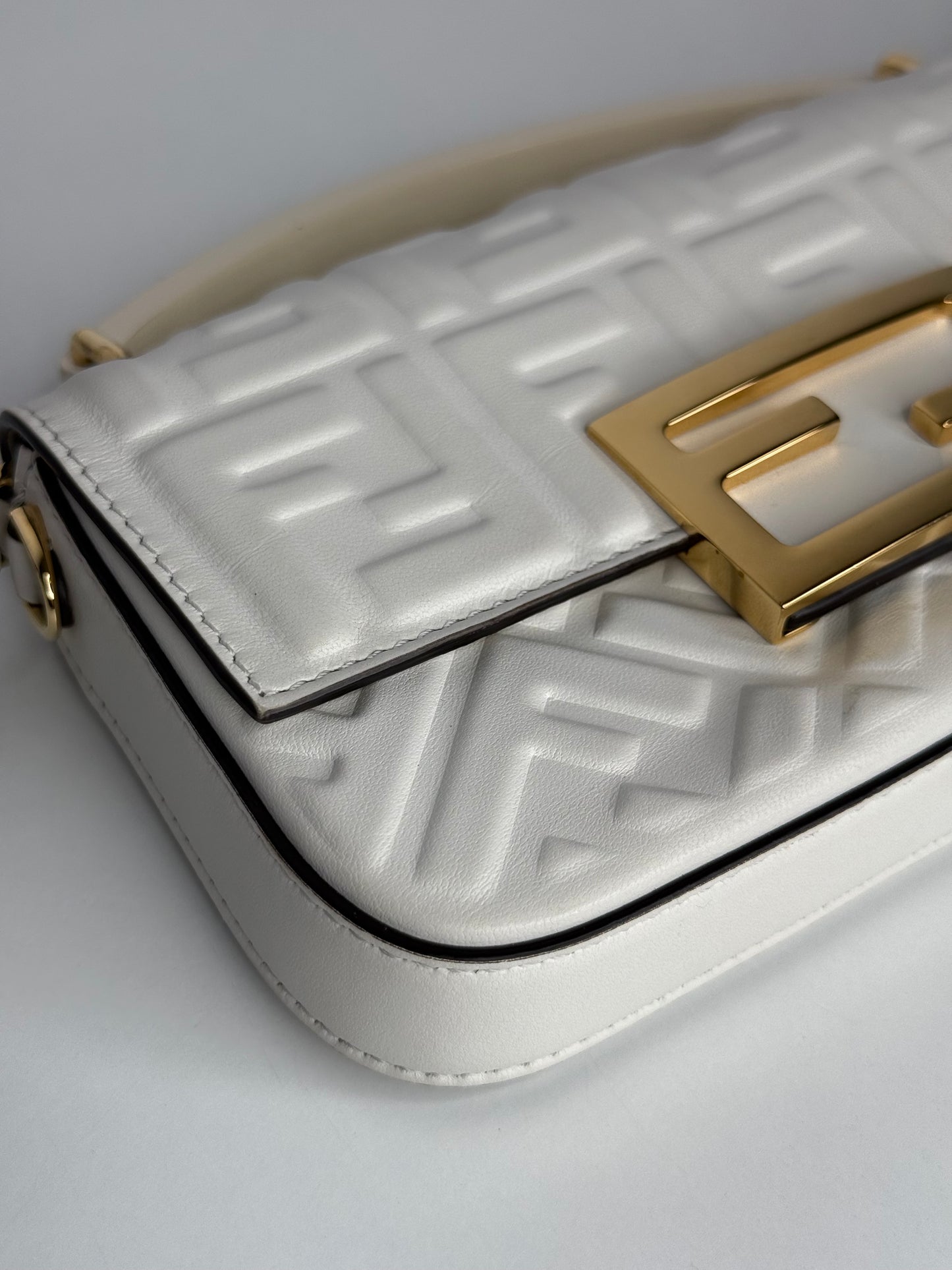 Fendi Nappa FF 1974 Embossed Mini Baguette White