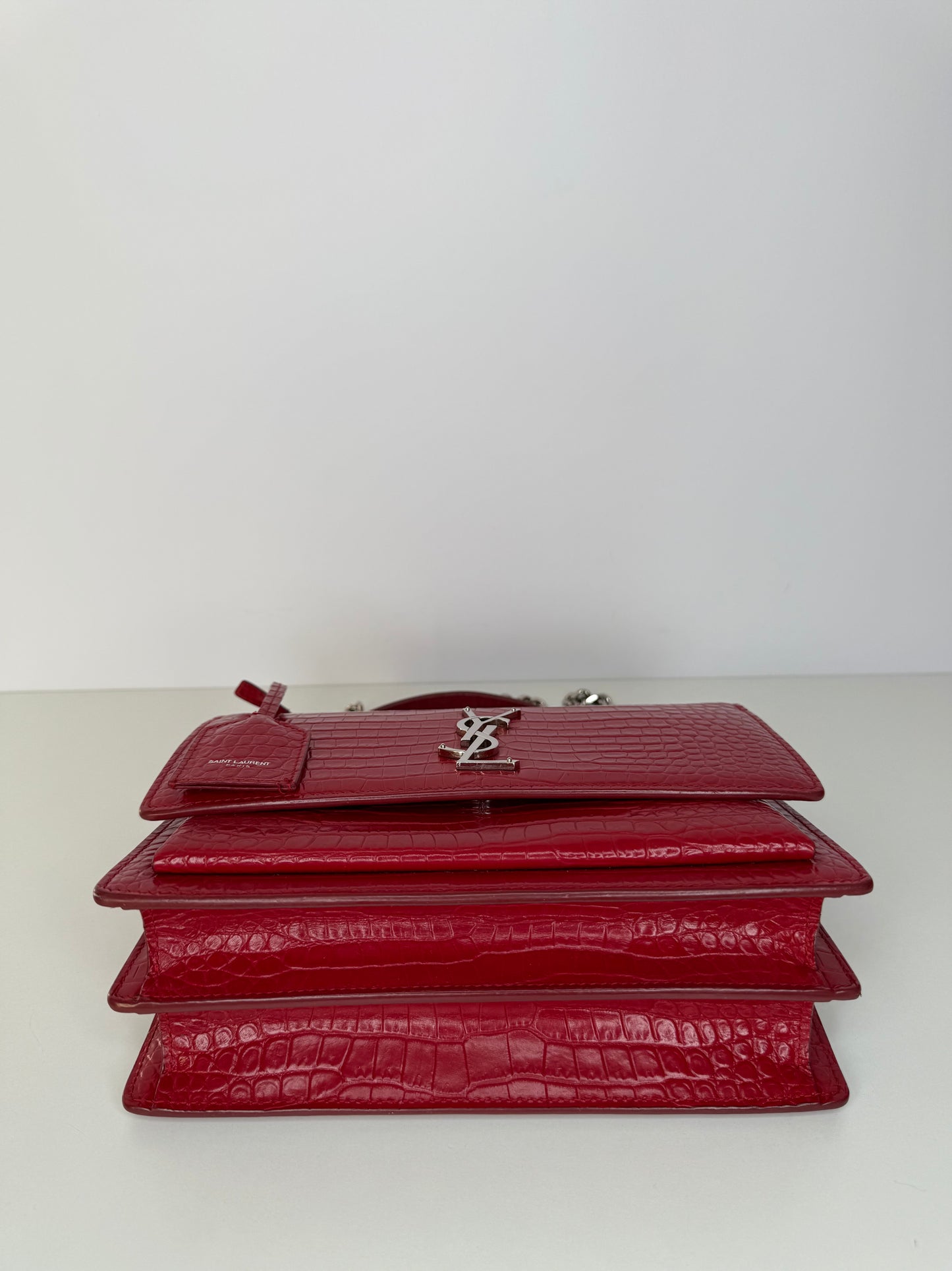 Saint Laurent Calfskin Crocodile Red Embossed Leather Medium Sunset