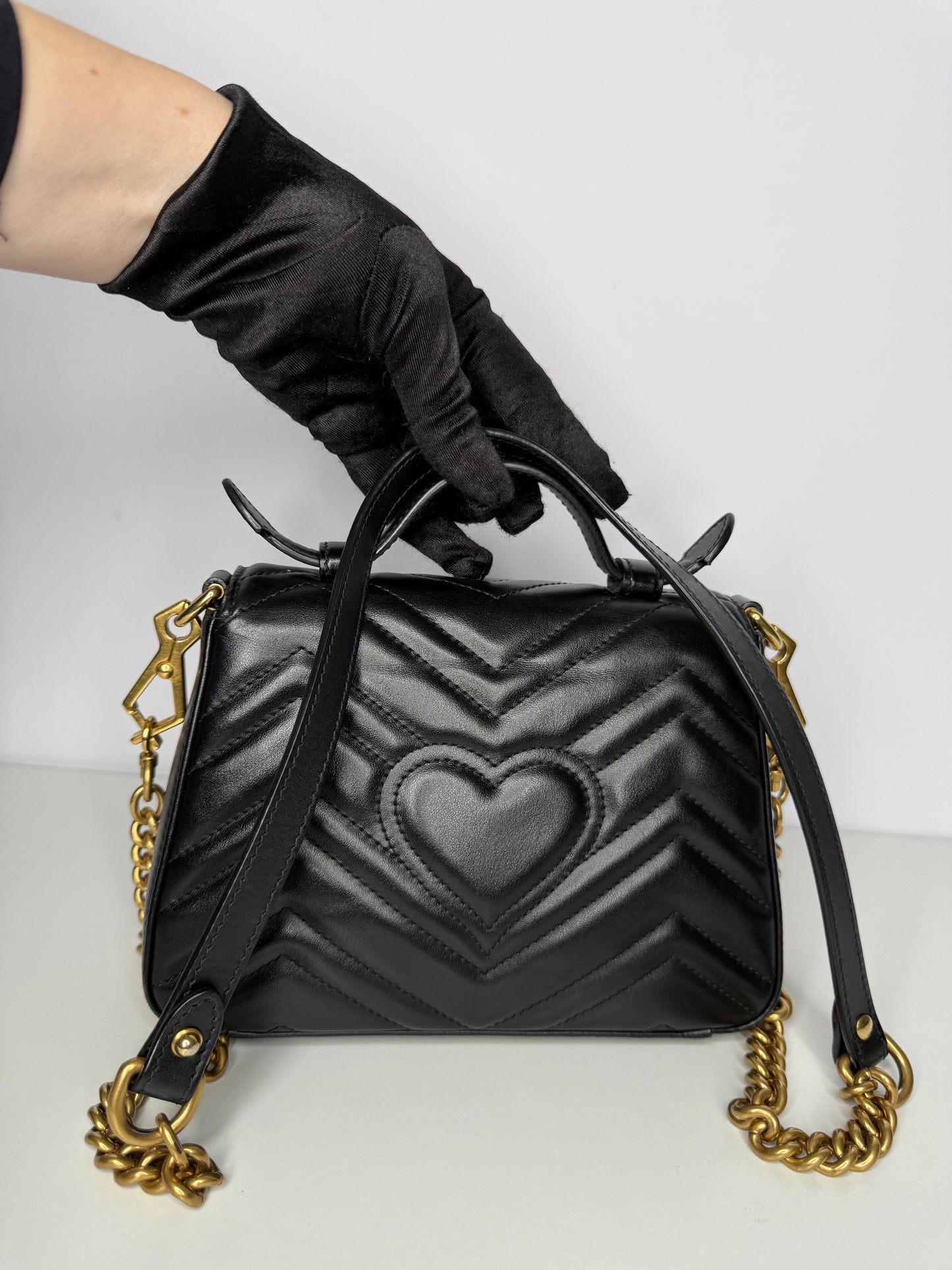 Gucci Mini GG Marmont Top Handle Black Calfskin Matelasse