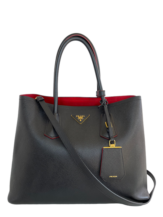 Prada Black Saffiano Leather Cuir Medium Double Bag