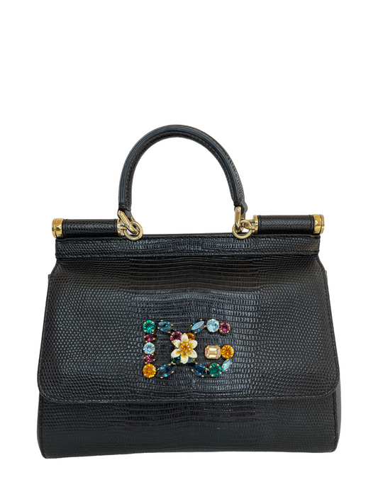 Dolce Gabbana Small Miss Sicily Black Lizard Embossed and Crystal DG Logo