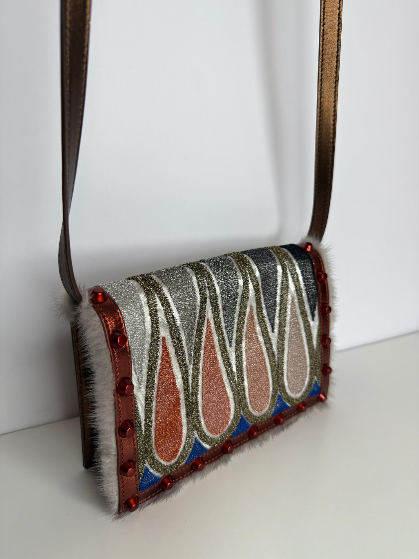 Fendi Mink-Trimmed Dark Metallic Gold Crossbody Bag