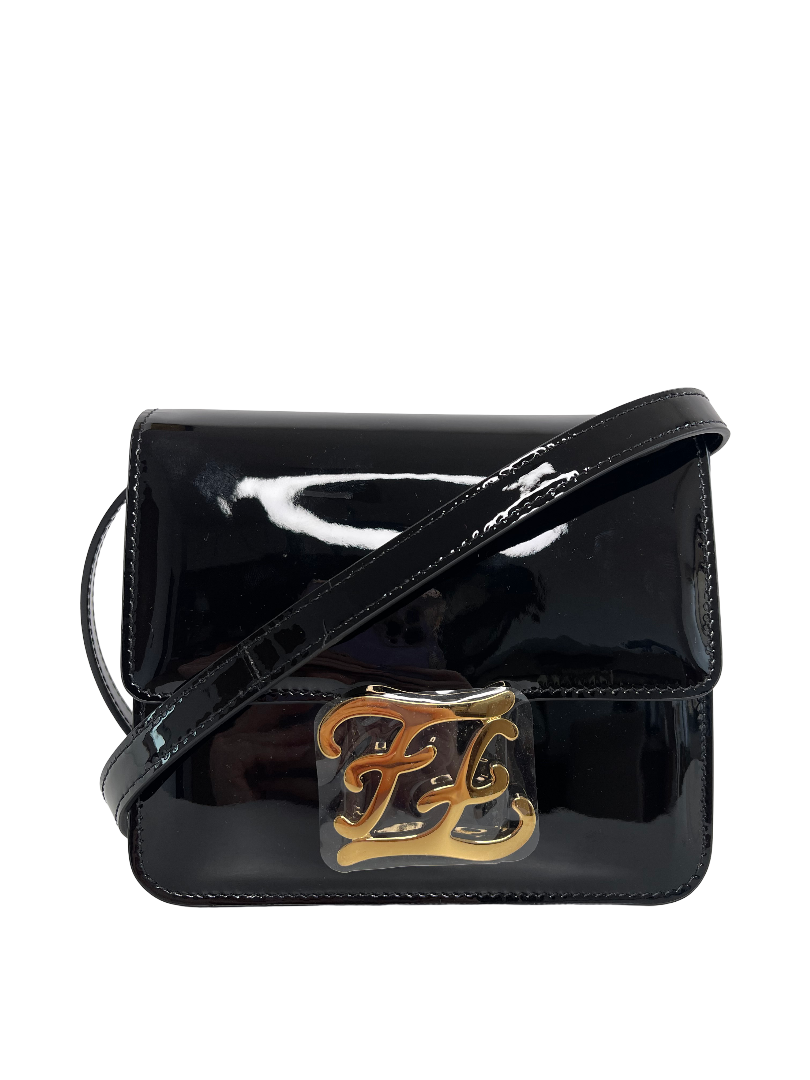 Fendi Karligraphy Black Patent Leather Crossbody Bag