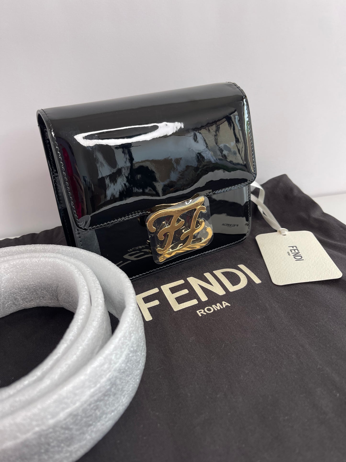 Fendi Karligraphy Black Patent Leather Crossbody Bag