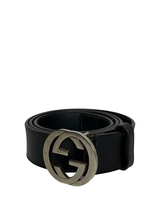 Gucci Black Calfskin Silver Interlocking G Buckle Belt