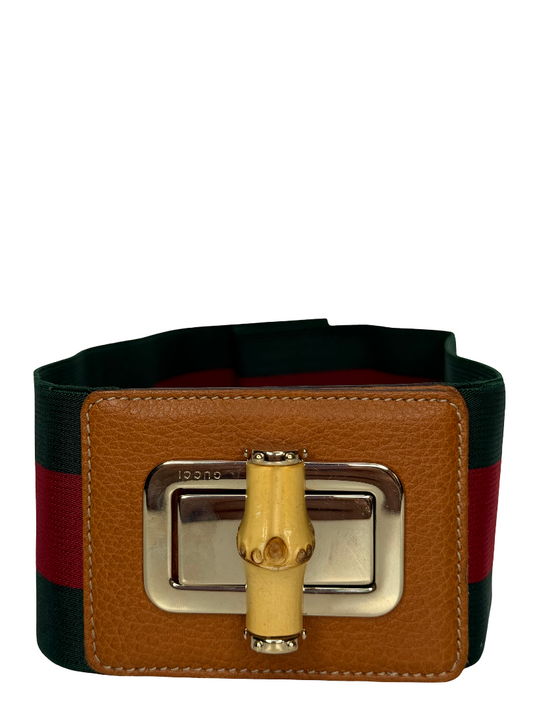 Gucci Elastic Web Bamboo Canvas and Leather Waist Belt