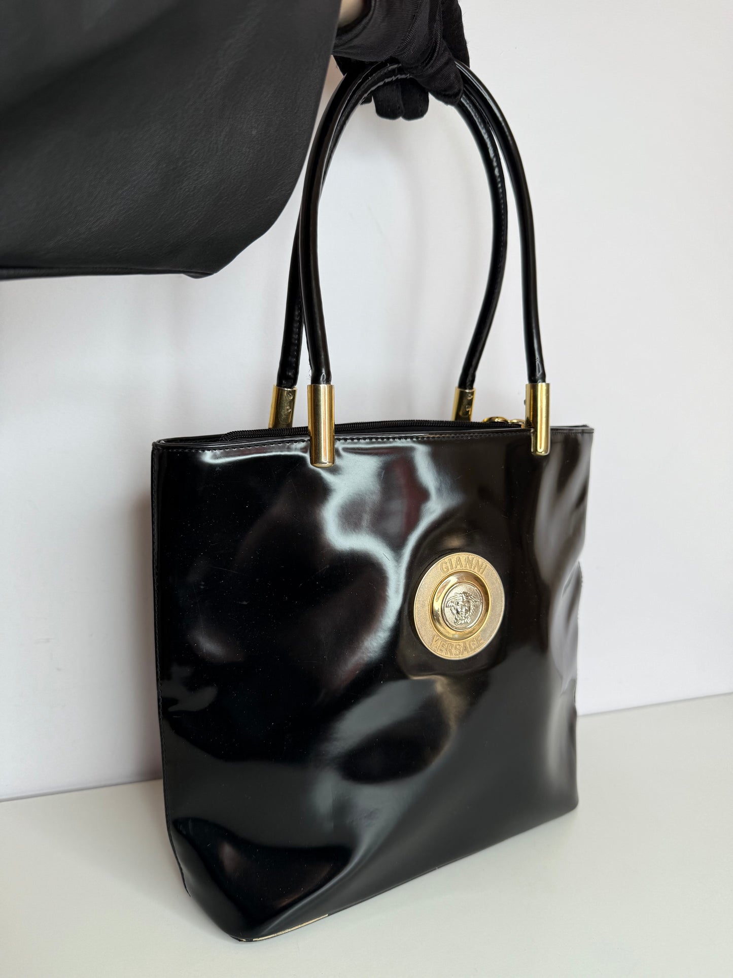 Gianni Versace Vintage Black Shiny Leather Shoulder Bag