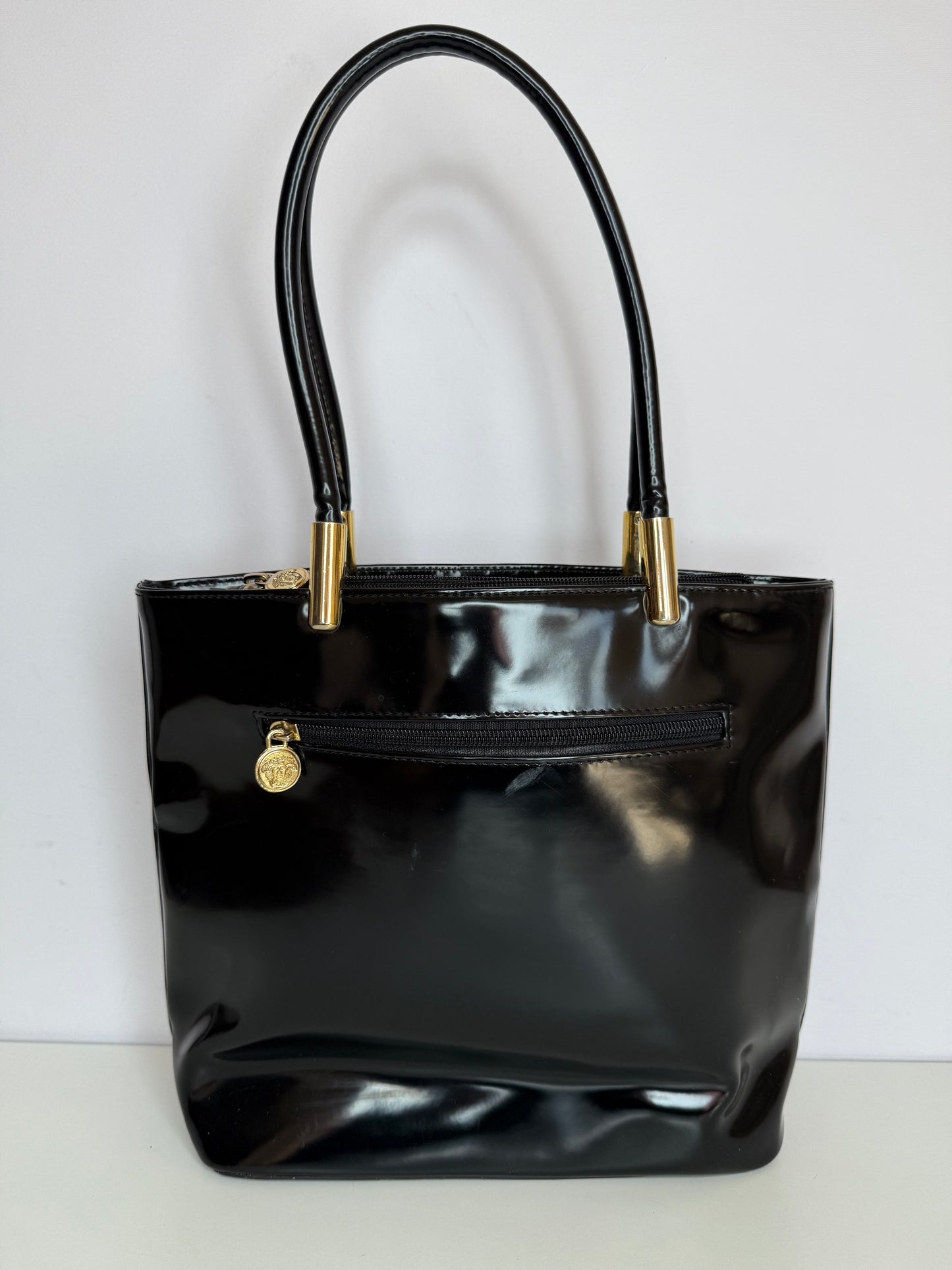 Gianni Versace Vintage Black Shiny Leather Shoulder Bag