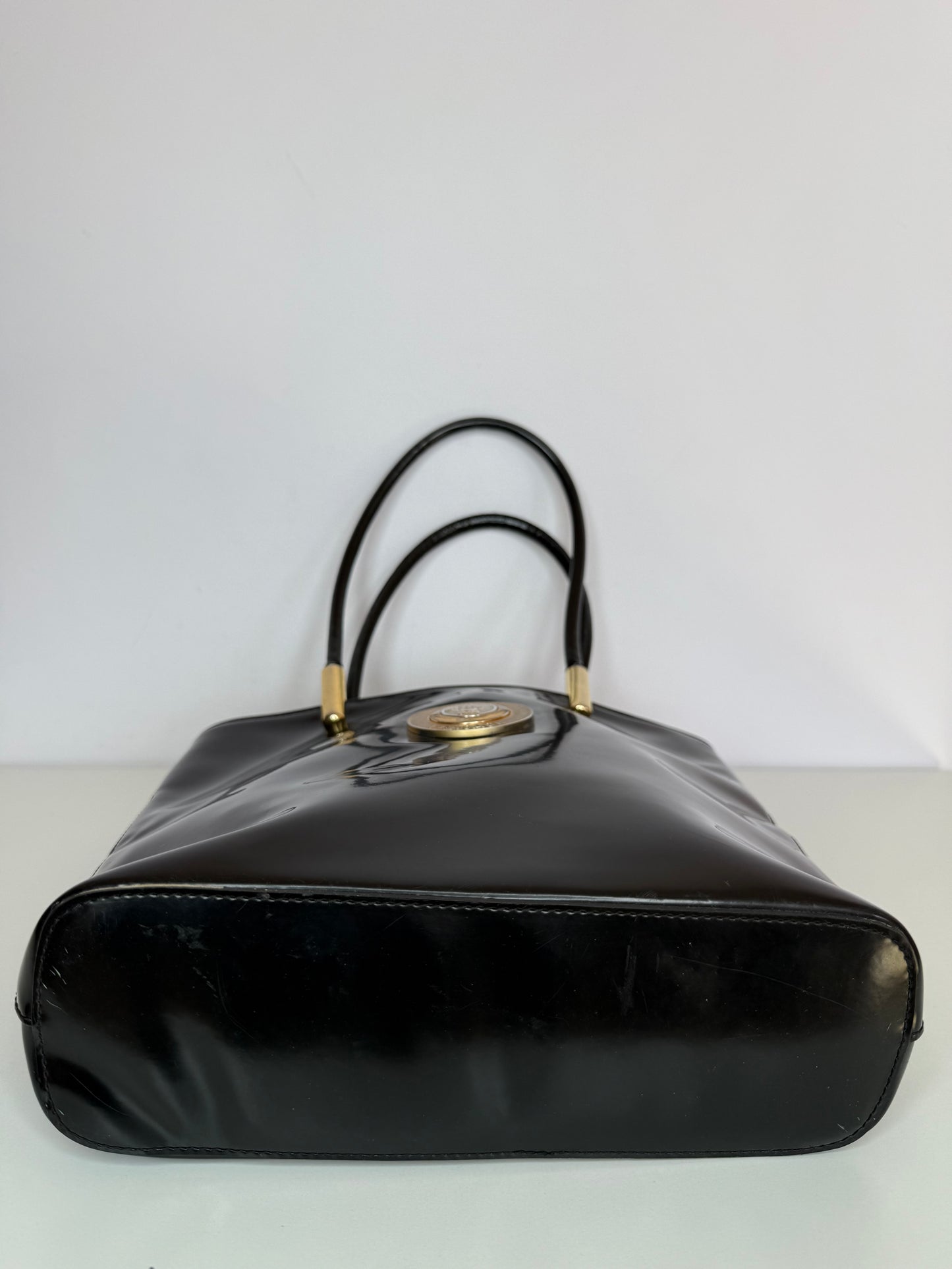 Gianni Versace Vintage Black Shiny Leather Shoulder Bag