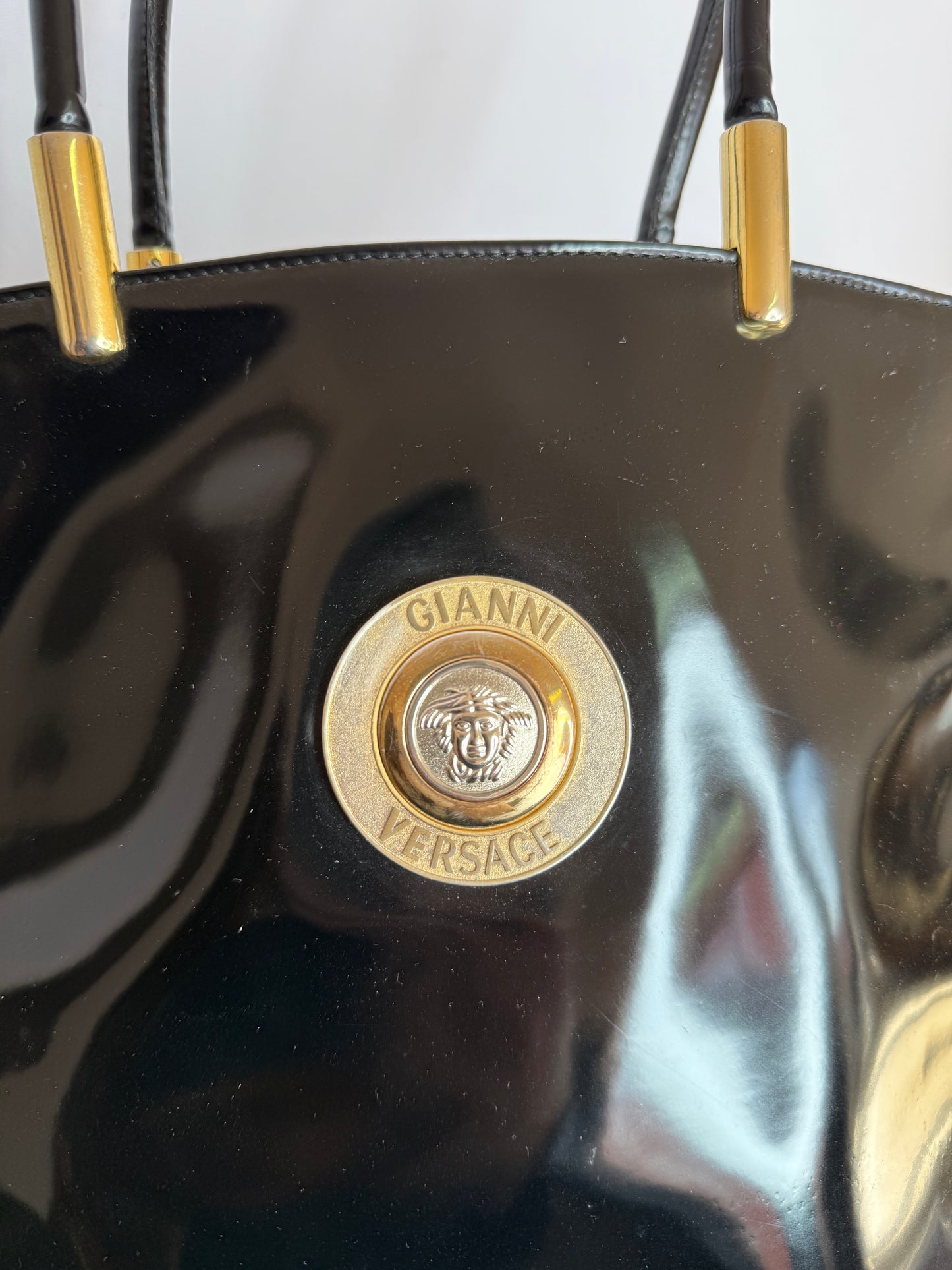 Gianni Versace Vintage Black Shiny Leather Shoulder Bag