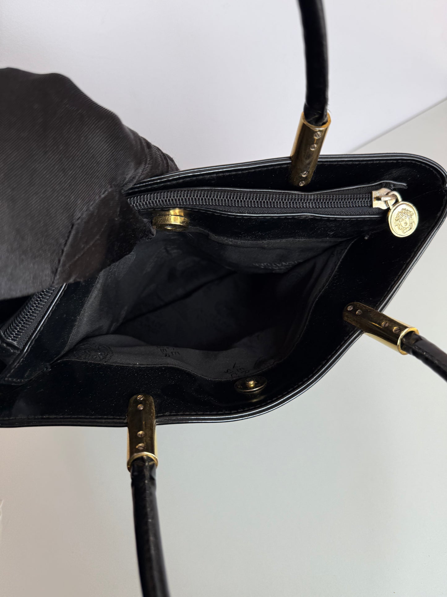 Gianni Versace Vintage Black Shiny Leather Shoulder Bag