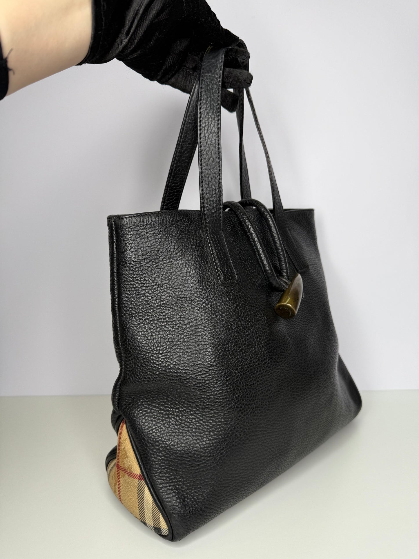 Burberry Black Leather Small Horn Toggle Tote Bag