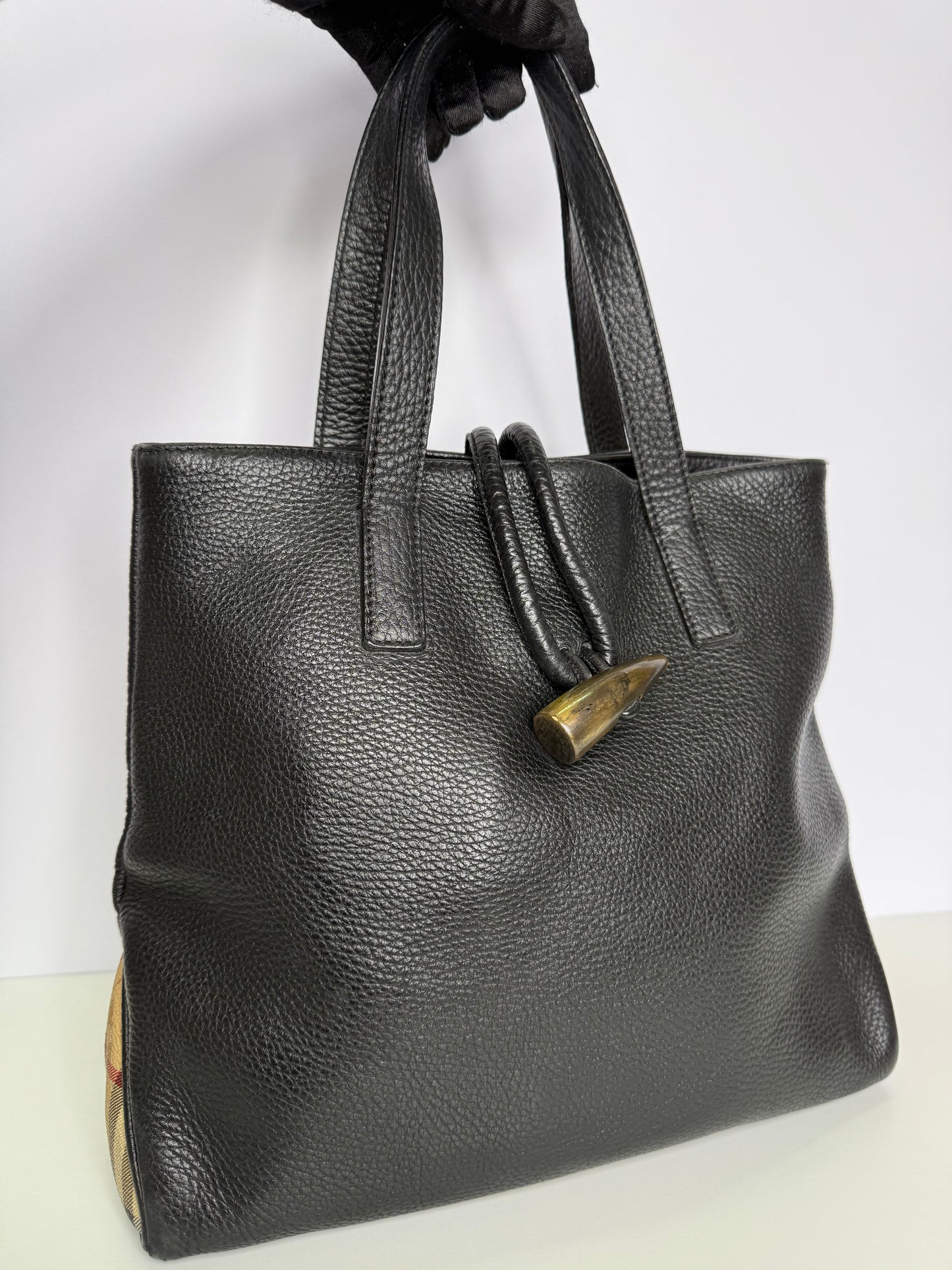 Burberry Black Leather Small Horn Toggle Tote Bag