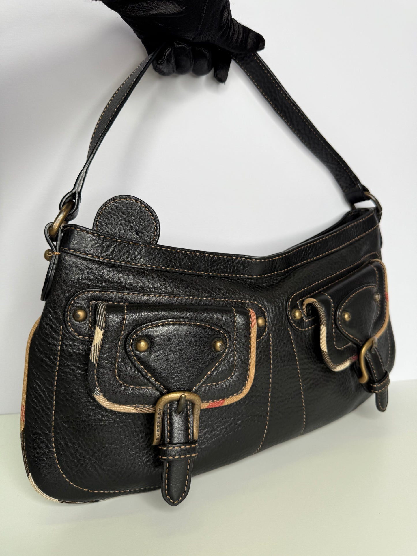 Burberry Calfskin Two Front Pocket Shoulder Bag Black