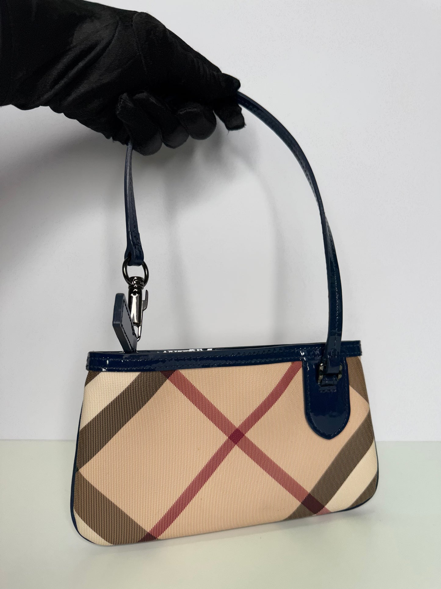 Burberry Jet Blue Patent Leather Nova Check Pochette