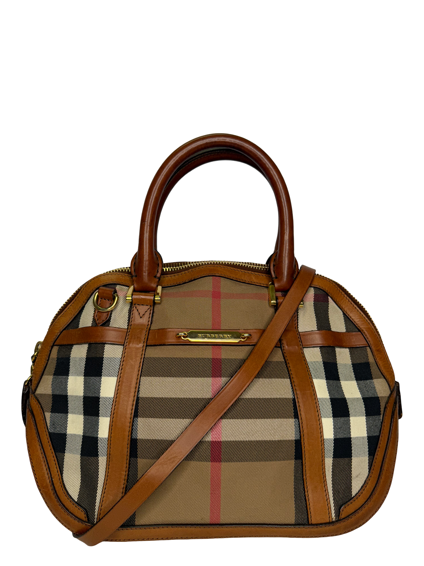 Burberry Brown Leather House Check Canvas Orchard Bowling Bag with Strap