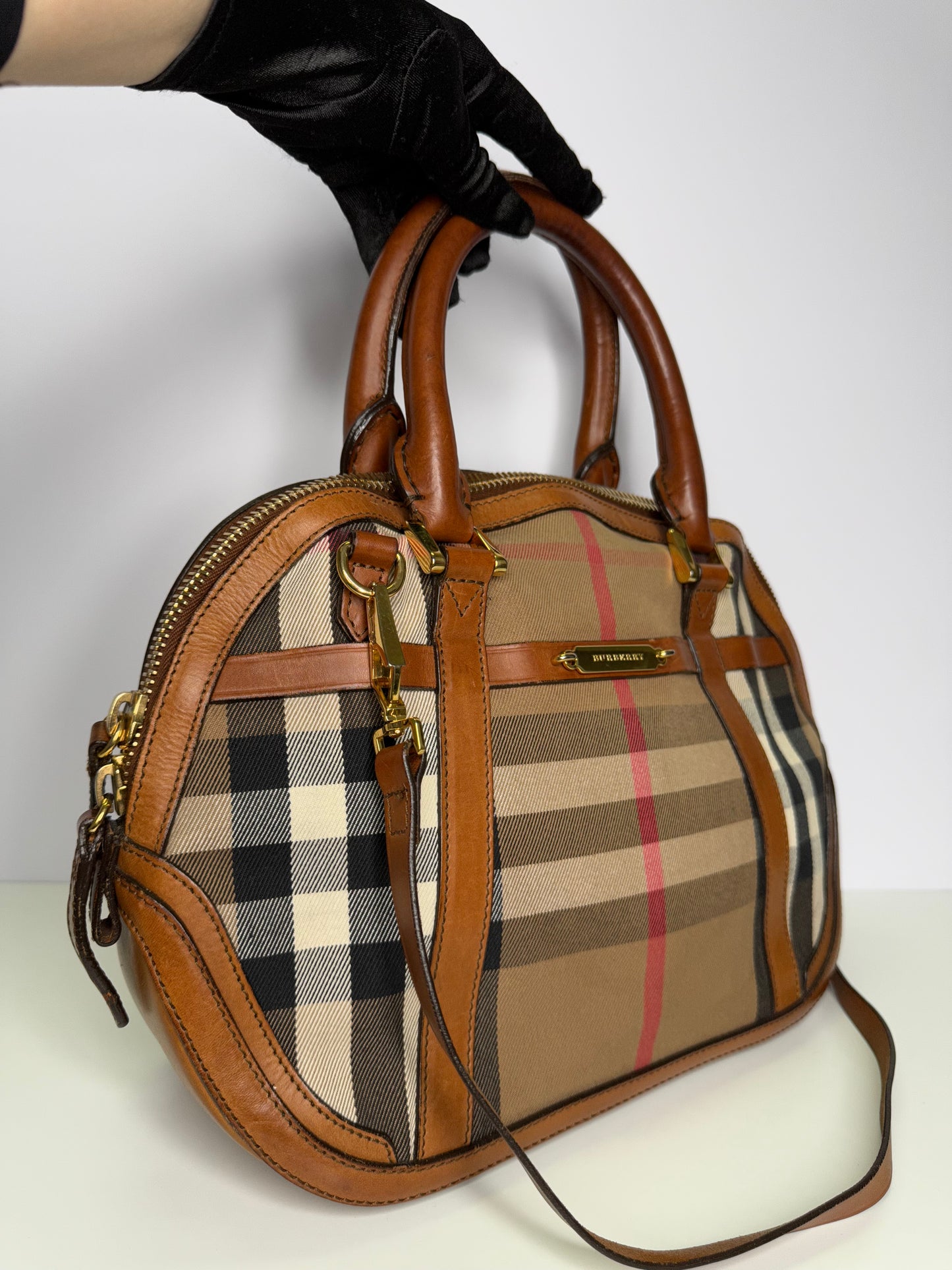 Burberry Brown Leather House Check Canvas Orchard Bowling Bag with Strap