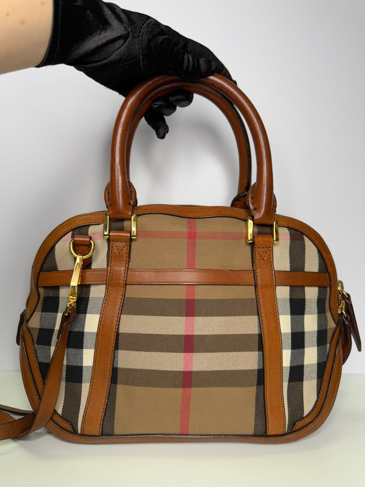 Burberry Brown Leather House Check Canvas Orchard Bowling Bag with Strap