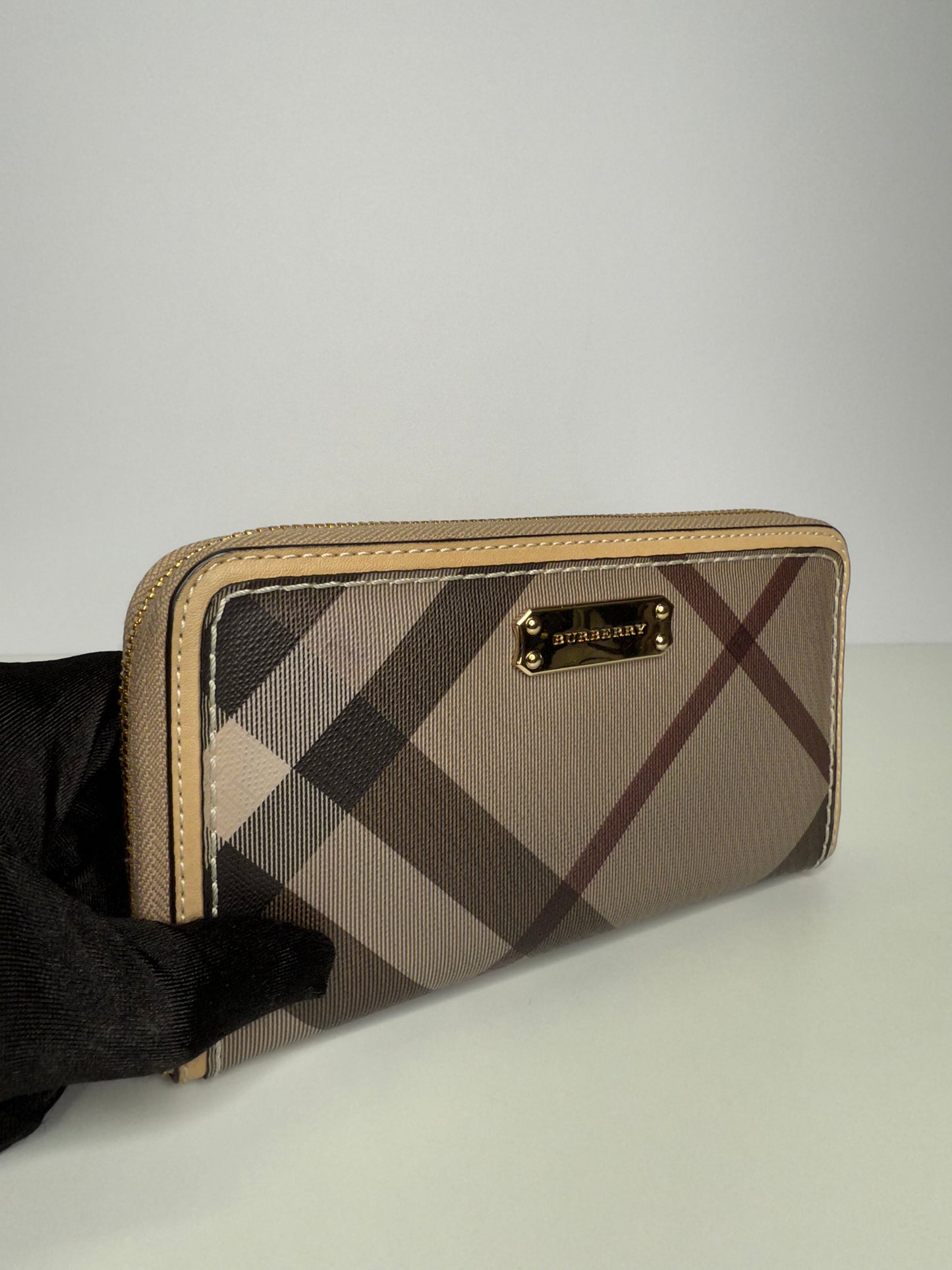 Burberry Grey Smoked Check PVC And Leather Zip Around Wallet