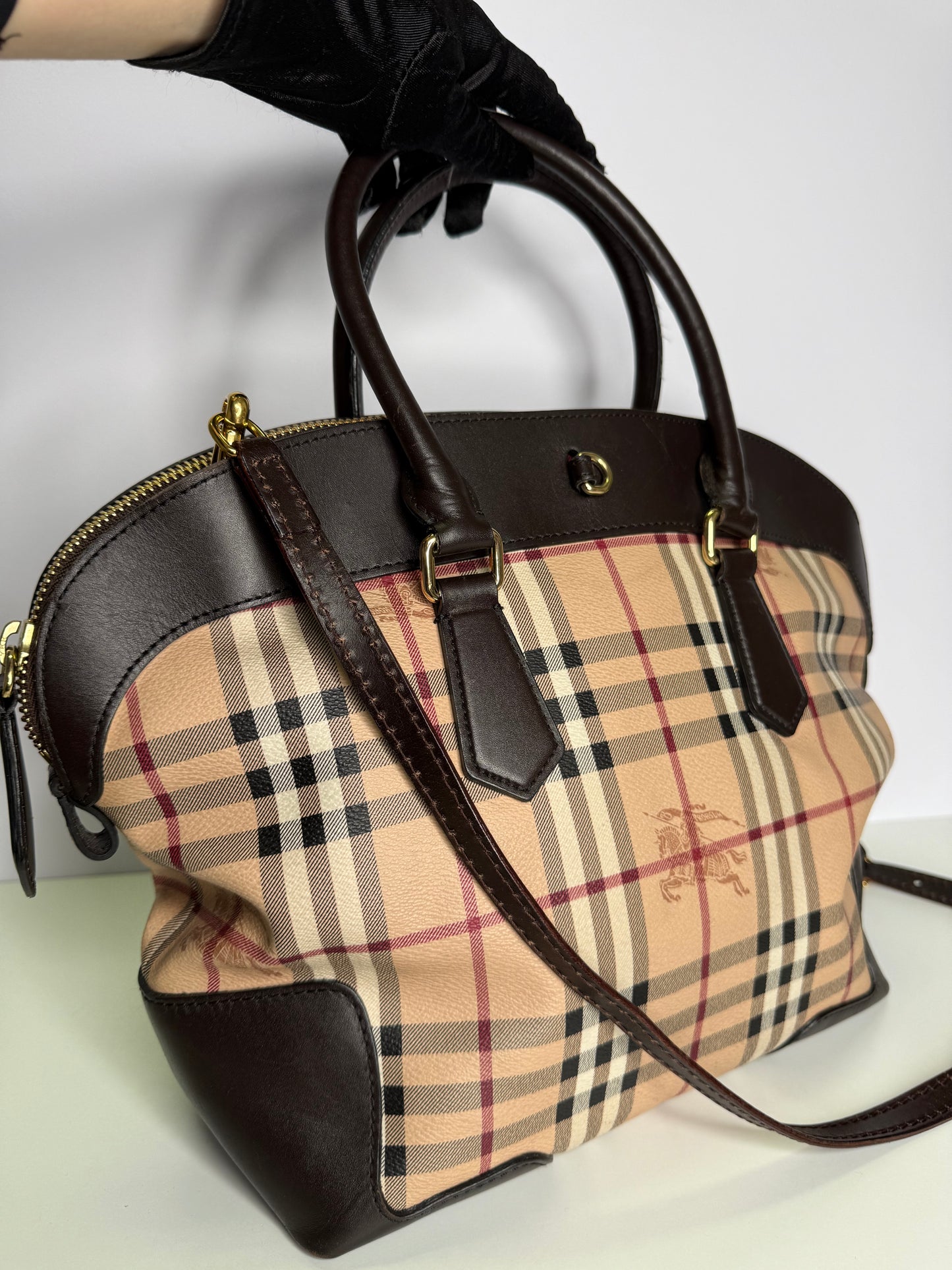 Burberry Brown/Beige Haymarket Check PVC and Leather Primrose Satchel