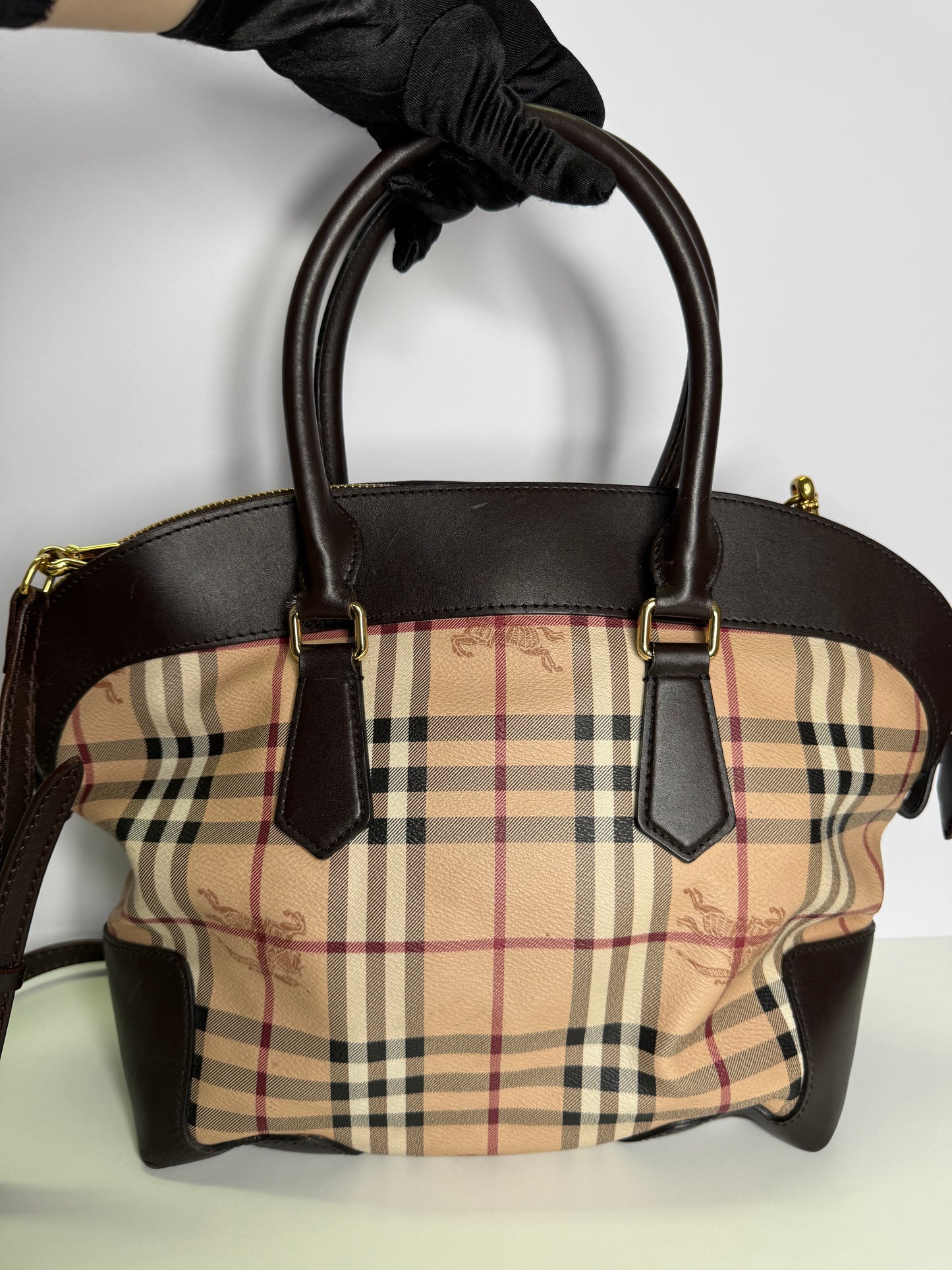 Burberry Brown/Beige Haymarket Check PVC and Leather Primrose Satchel