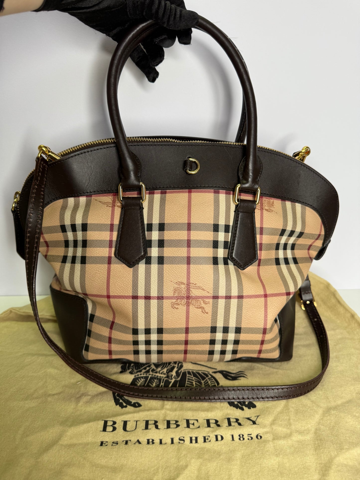 Burberry Brown/Beige Haymarket Check PVC and Leather Primrose Satchel