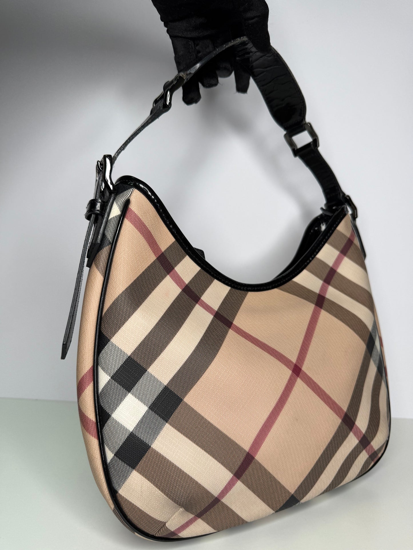 Burberry Beige/Black Nova Check PVC And Patent Leather Barton Hobo