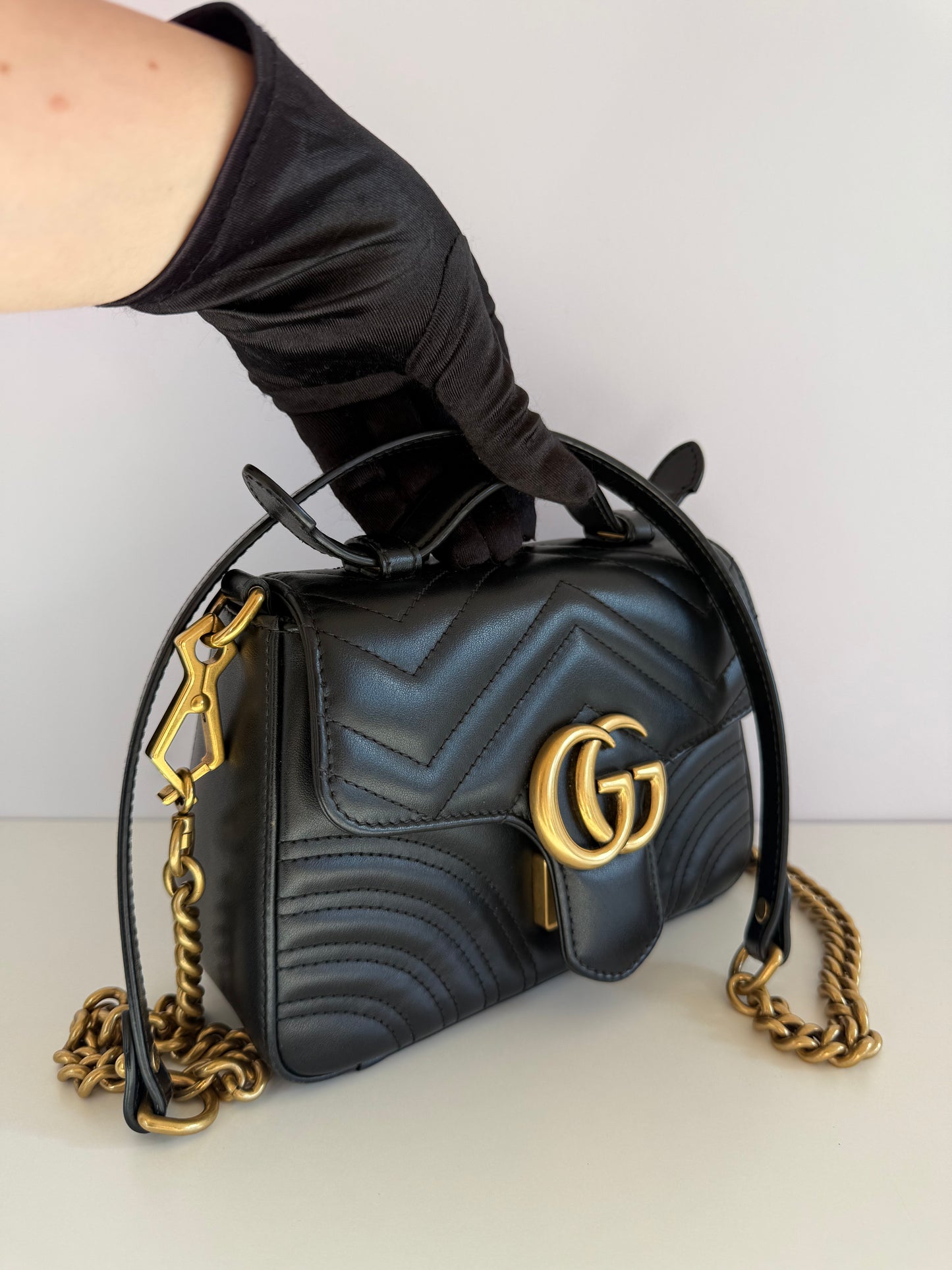 Gucci Mini GG Marmont Top Handle Black Calfskin Matelasse