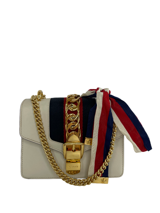 Gucci Off White Leather Mini Sylvie Web Chain Crossbody Bag