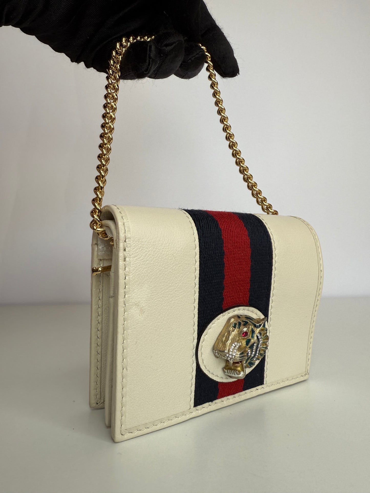 Gucci Rajah Ivory Leather Wallet on Chain