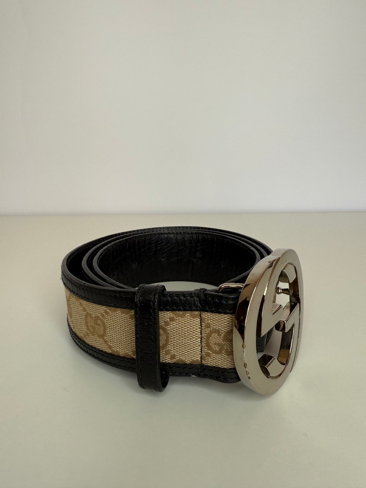 Gucci Brown/Beige GG Canvas and Leather Interlocking G Buckle Belt