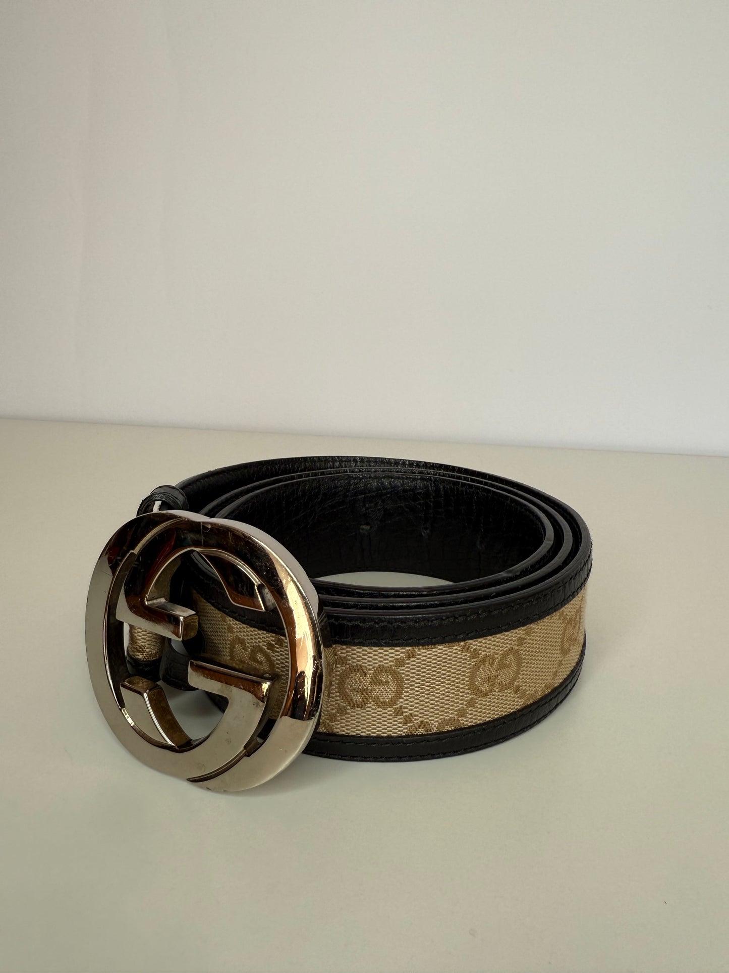 Gucci Brown/Beige GG Canvas and Leather Interlocking G Buckle Belt