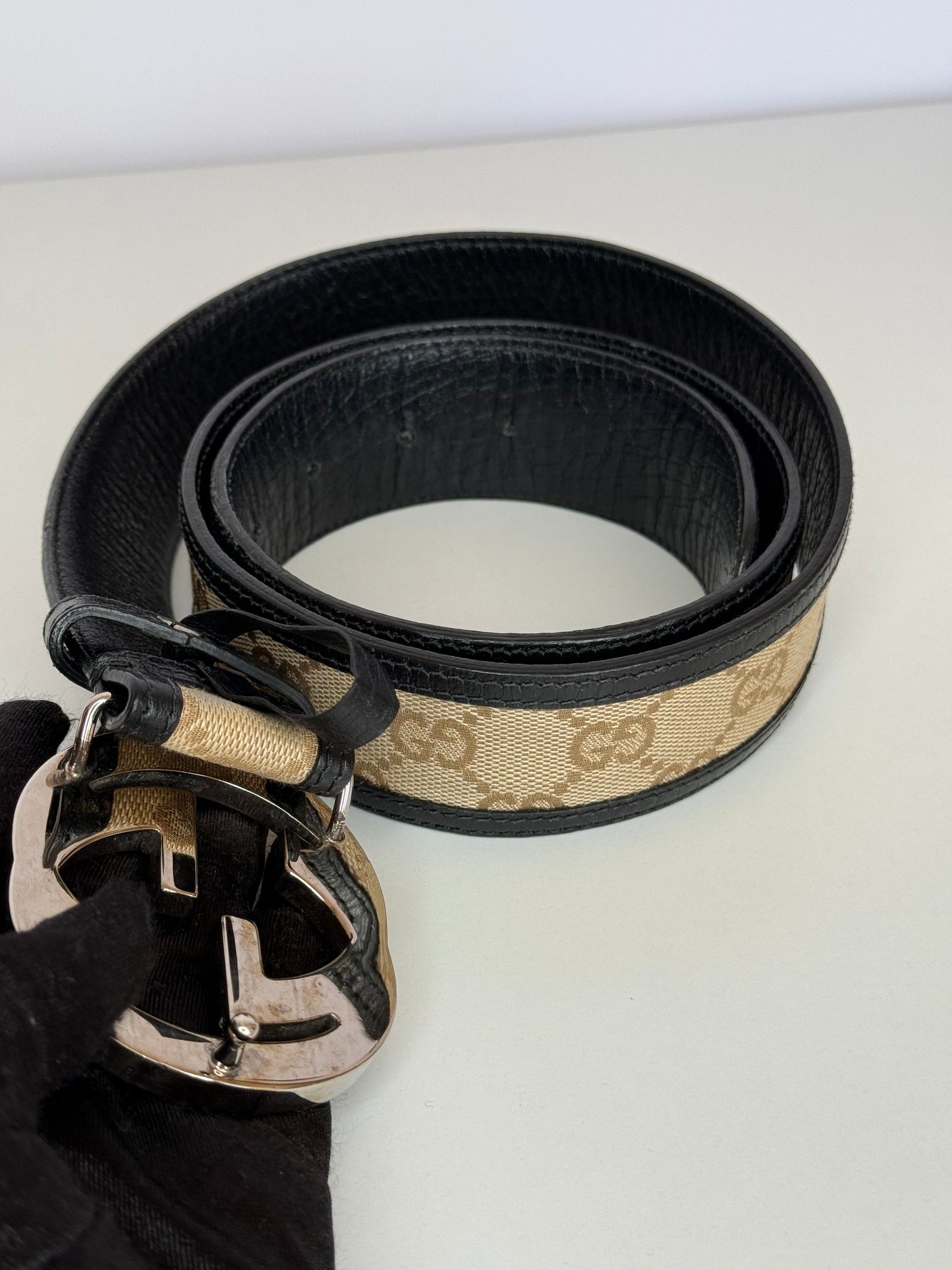 Gucci Brown/Beige GG Canvas and Leather Interlocking G Buckle Belt