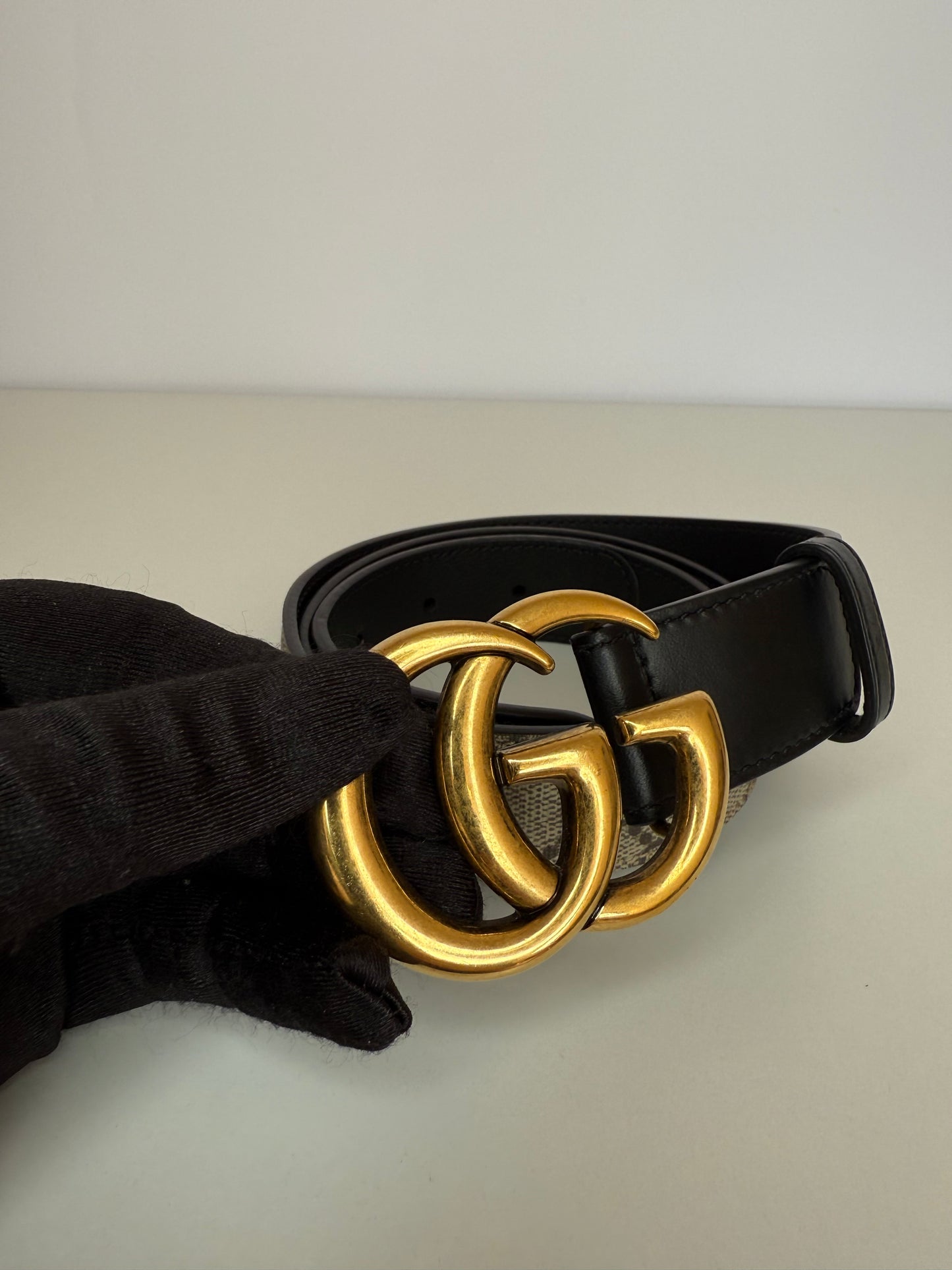 Gucci GG Supreme Canvas and Leather GG Marmont Buckle Belt